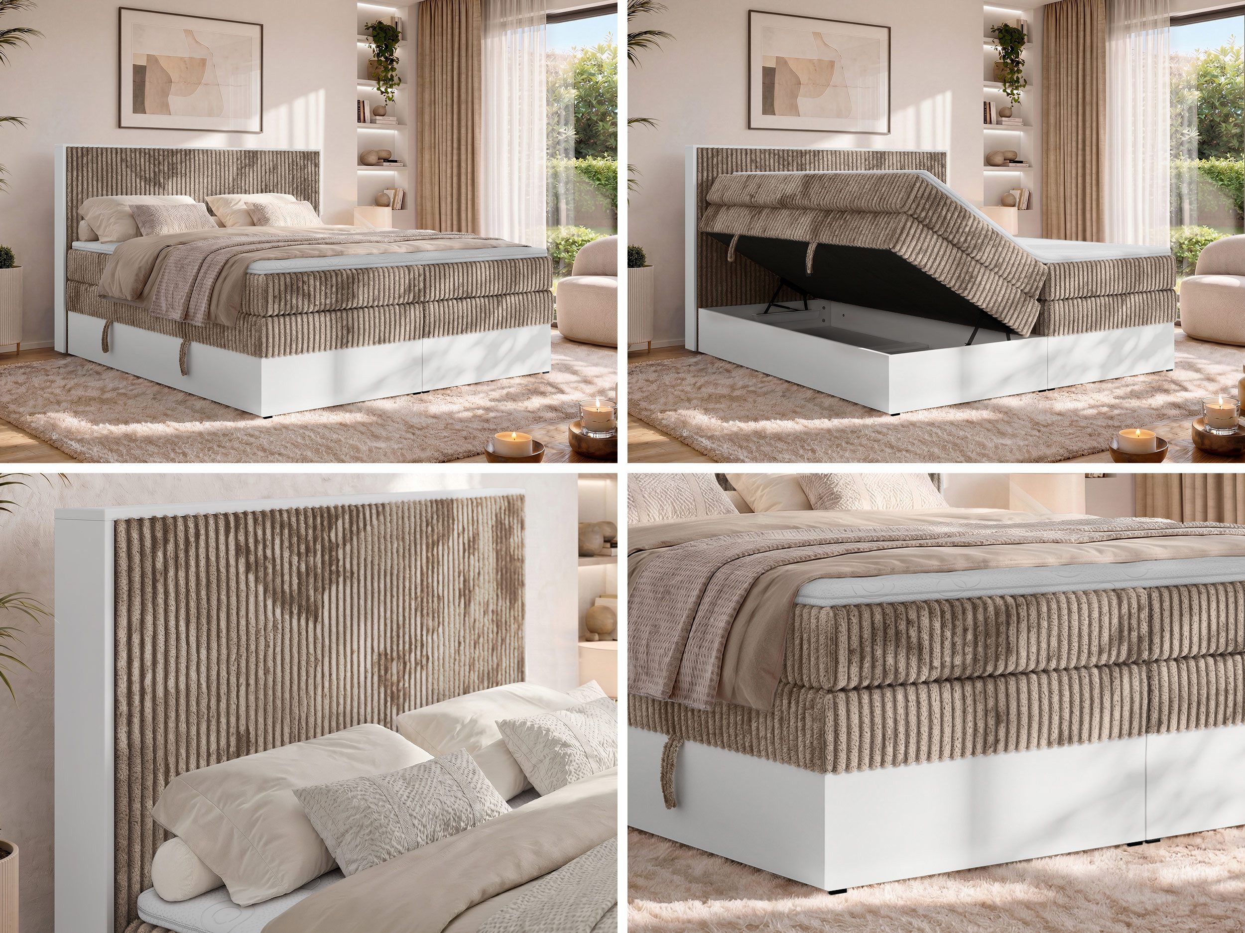 MKS MÖBEL Boxspringbett TRAVIT KING (mit Stauraum, Set, inkl. 2 Multipocket Matratzen und Topper (T25/Visco), Cord-Bezug), weiße Deko-Möbelplattenelementen, H3/H4, 140x200–200x200