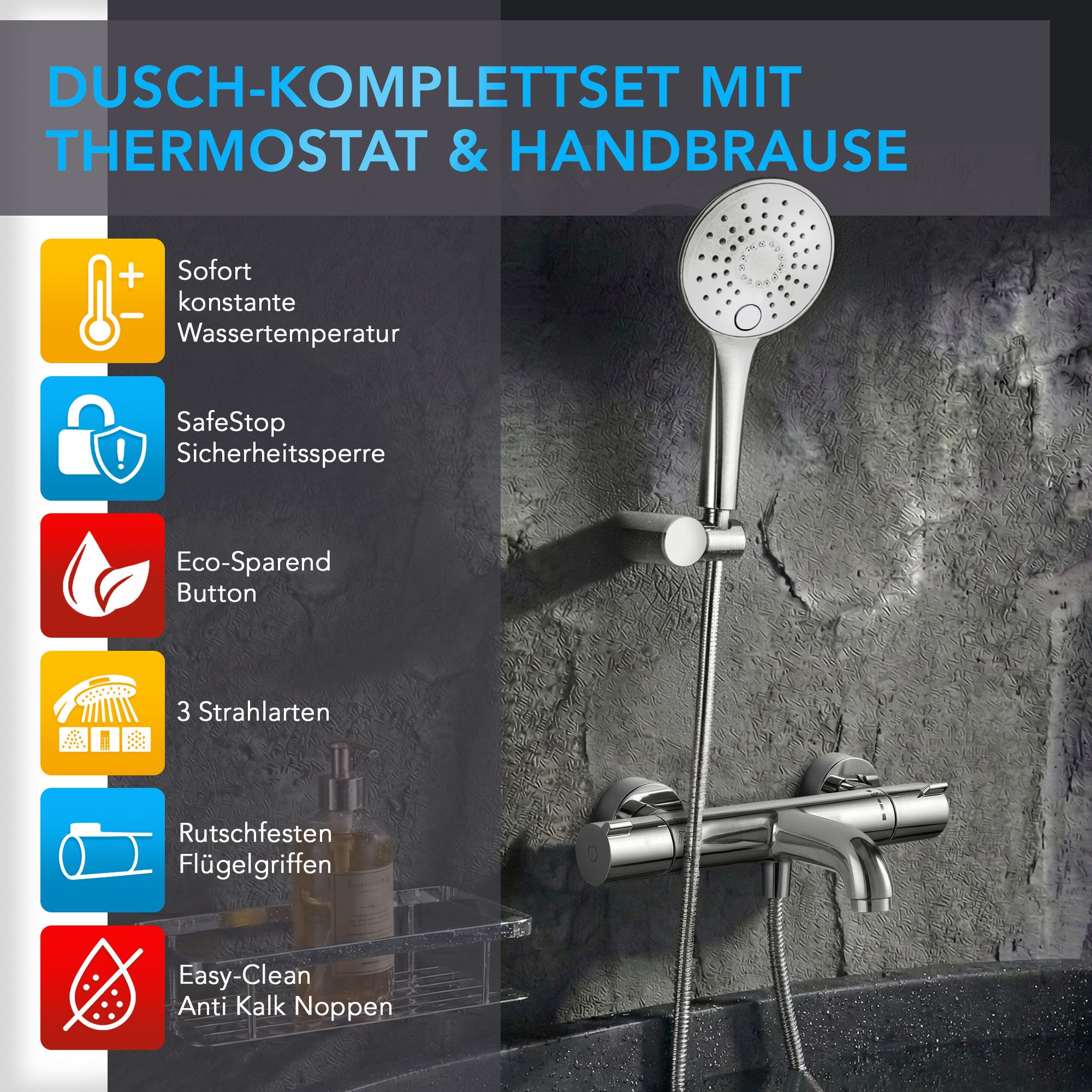 hansgrohe Wannenarmatur Ecostat 1001 CL Wannenthermostat Set mit Aloni Handbrause Regendusche (Spar-Set) Wannenthermostat mit Eco-Funktion in Modern-Design, Wandmontage, chrom