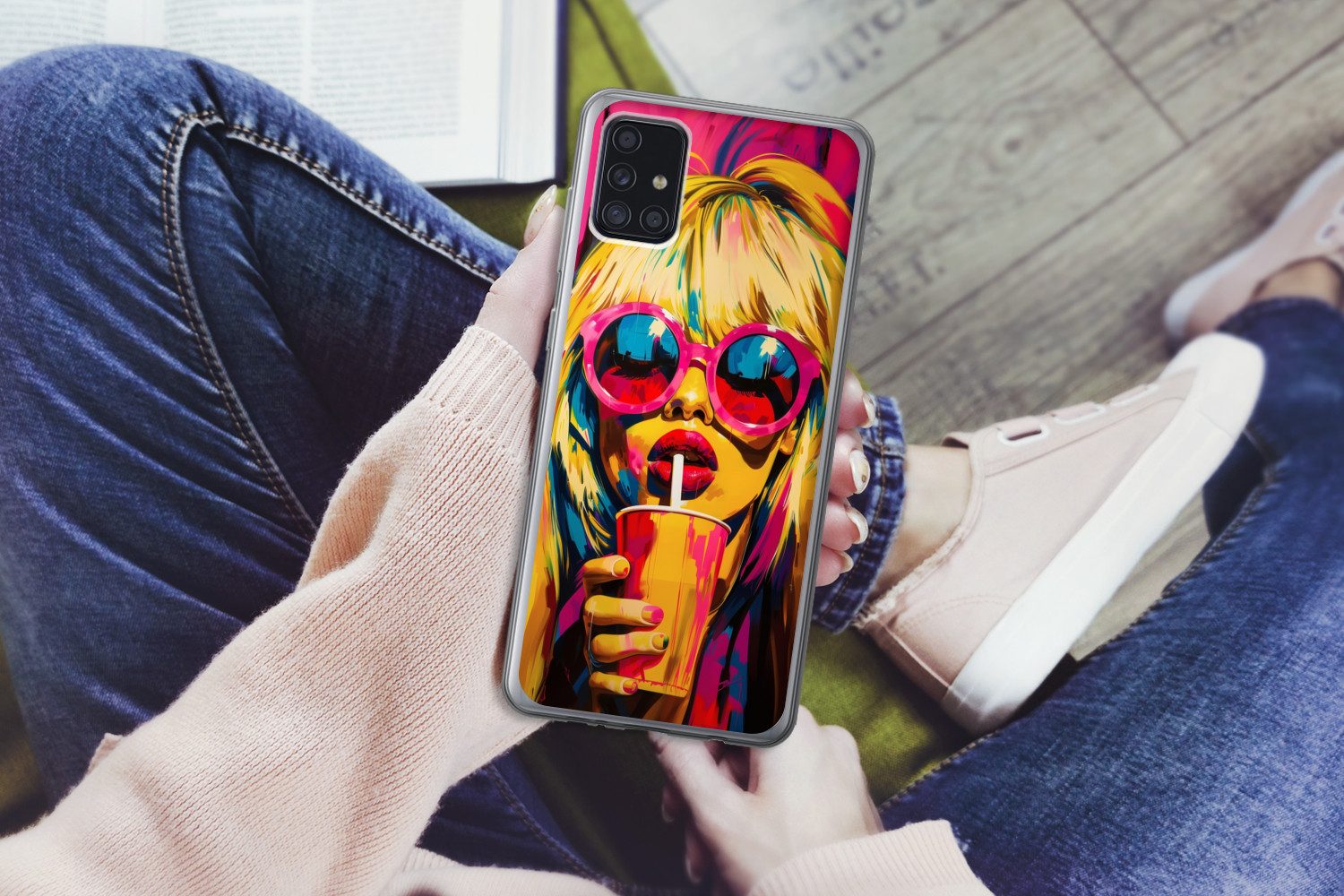 MuchoWow Handyhülle für Samsung Galaxy A52 5G Sonnenbrille - Rosa - Frau - Stroh, Smartphone-Bumper, Print, Handy Schutzhülle Dünn