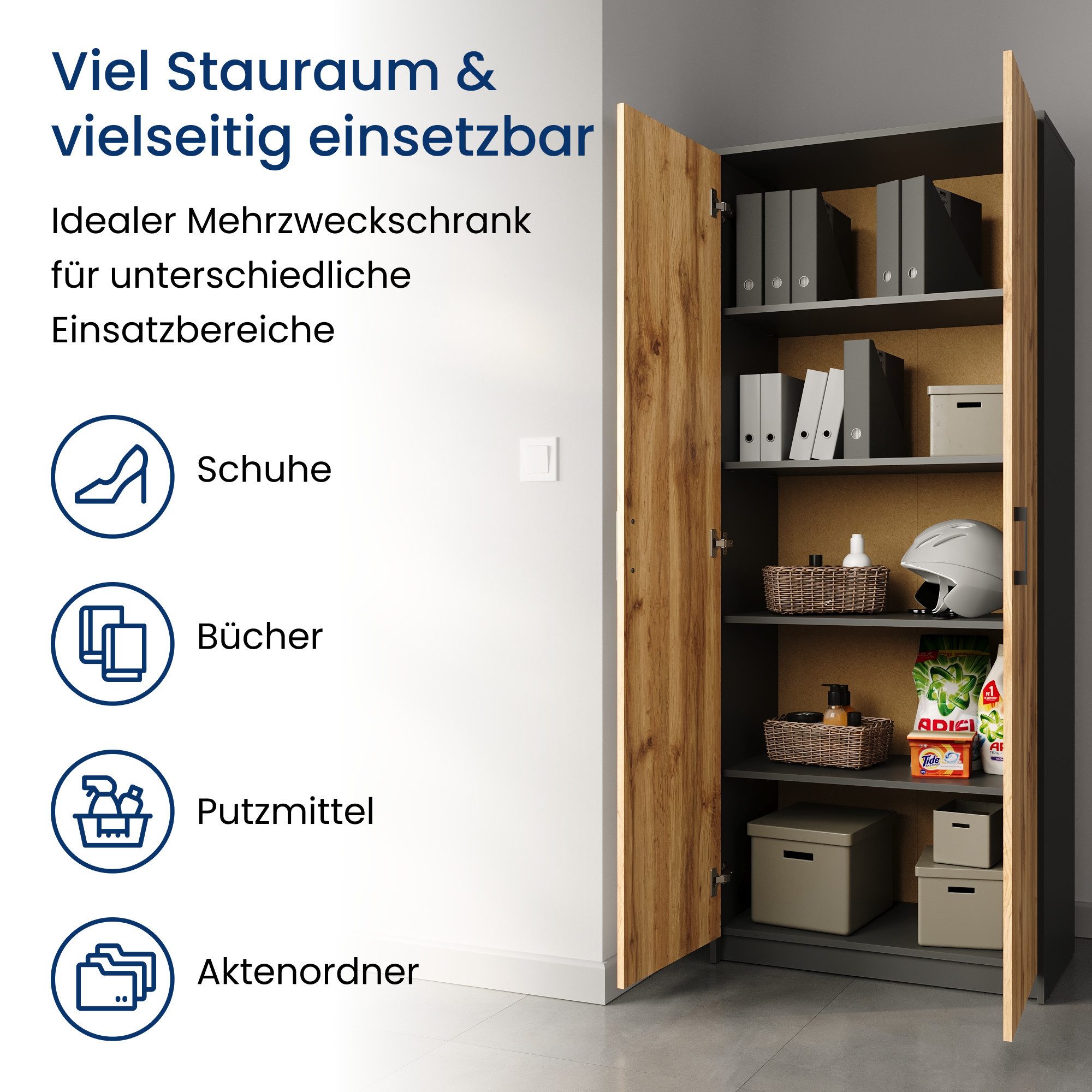 Home Collective Mehrzweckschrank Schrank Aktenschrank Hochschrank Mehrzweckschrank 2-türig 5 Fächer (74 cm breit aus Laminatplatte und hochwertigen Polymergriffen) robust & vielseitig viel Stauraum 74x35x180 (BxTxH) graphit / eiche