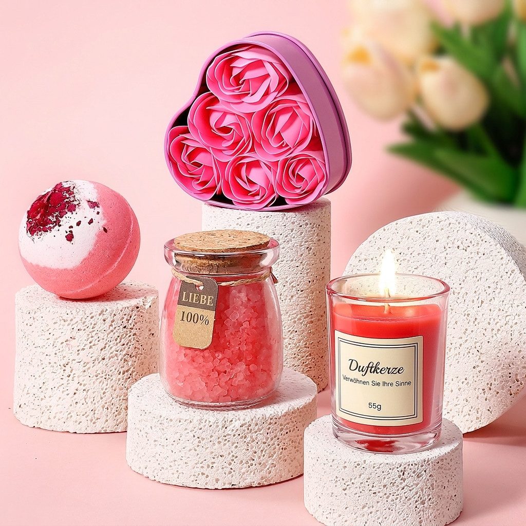 Wootoy Geschenkbox Geschenkset Geburtstagsgeschenke Pflege-Geschenkbox mit Sonnenmotiv (mit Duftkerze Badeprodukten Schmuckschale Isolierbecher, 10 St., 360-ml-Edelstahl-Isolierbecher mit Strohhalm und Reinigungsbürste), Geschenk für Geburtstag Muttertag Valentinstag Jahrestag