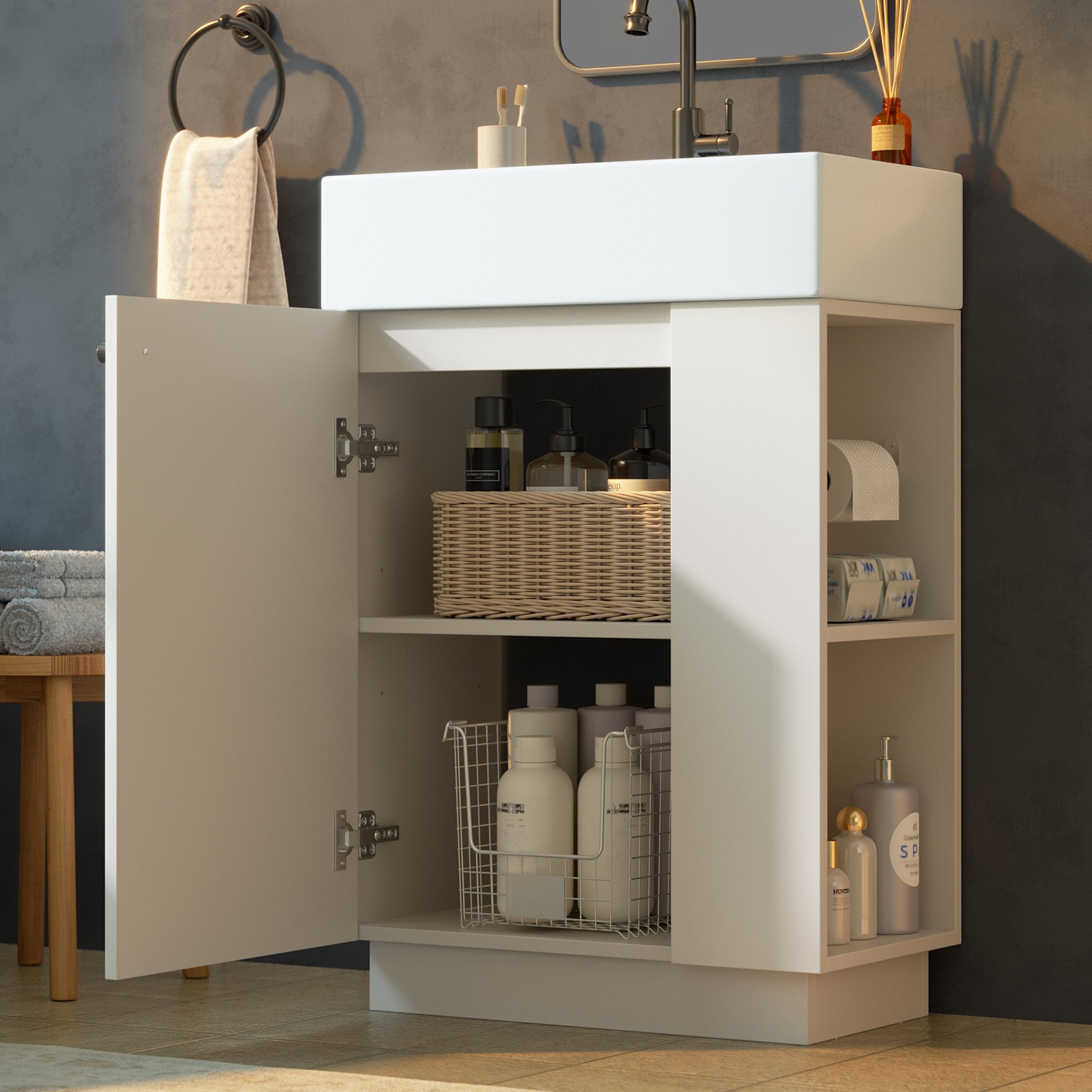 Flieks Waschtisch Waschbeckenunterschrank mit Keramikwaschbecken (55x32x87 cm, 1-St., bodenstehender Badschrank mit abnehmbarem Toilettenpapierhalter), Badmöbel-Set Badezimmerschrank mit verstellbarer Einlegeböden Weiß
