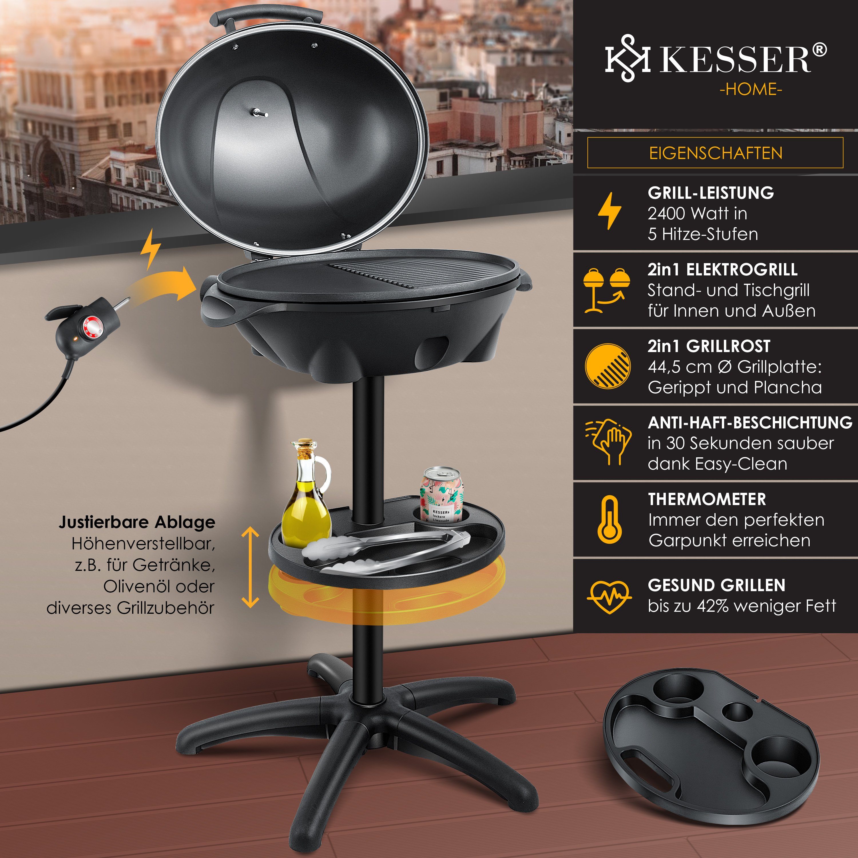 KESSER Elektro-Standgrill, elektrischer Grill mit Deckel, Thermometer & Antihaftbeschichtung