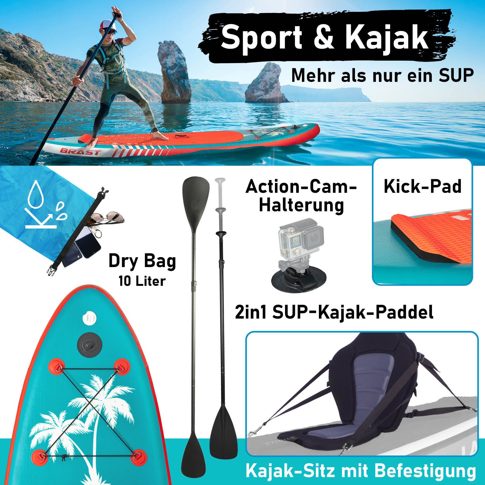 BRAST SUP-Board mit LEDs Aufblasbares Stand up Paddling Set - 320x81x15cm, 5 Jahre Garantie inkl. Sonderzubehör, (2in1 Paddel Kajak-Sitz Action-Cam-Halterung, Beleuchtung mit 10 Farben), Fußschlaufe Paddel Pumpe Rucksack