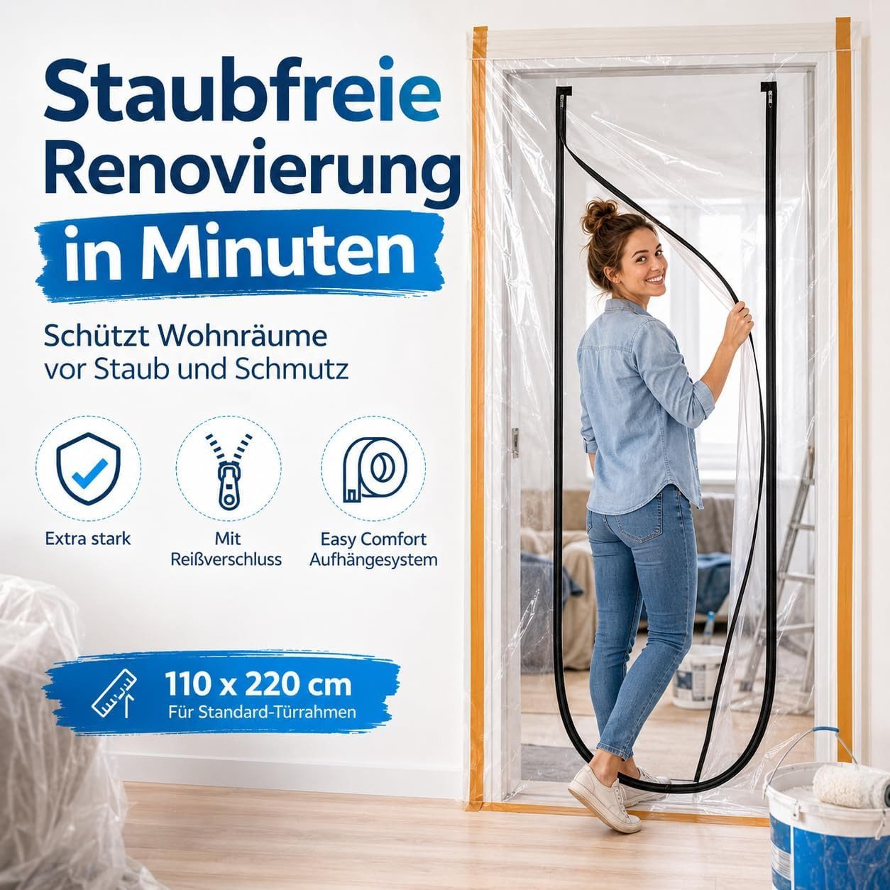 TK Gruppe Staubschutztür Staubschutz-Folientür 110 × 220 cm mit Reißverschluss, Easy Comfort, (1-St) – Bild 2 von 5