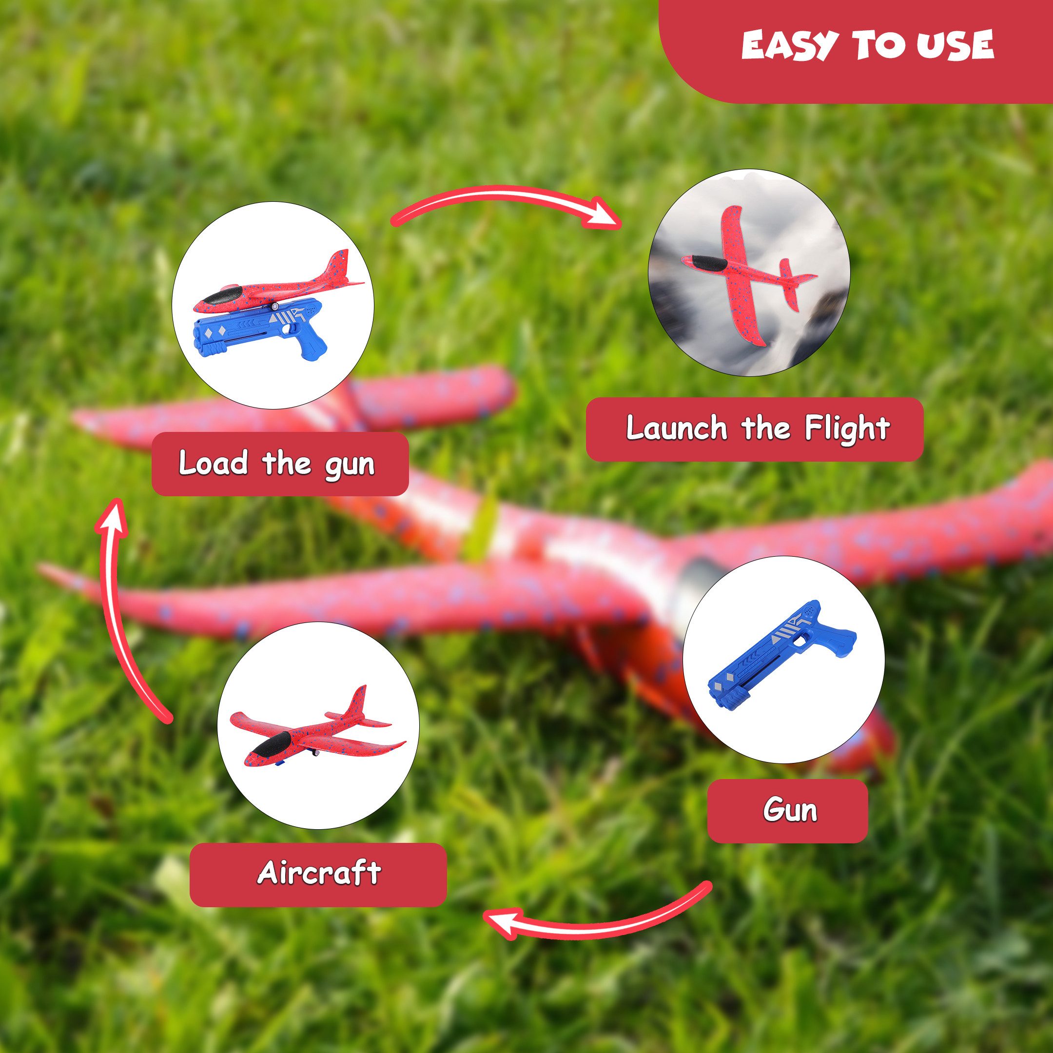FUNFY Spielzeug-Flugzeug Flugzeug-Abschusspistole aus Schaumstoff für den Außenbereich, (Sorgt für stundenlange Unterhaltung, 2 Segelflugzeuge für aufregende Abenteuer in der Luft), Komplette Sets mit allem für kreatives und fantasievolles Spielen.