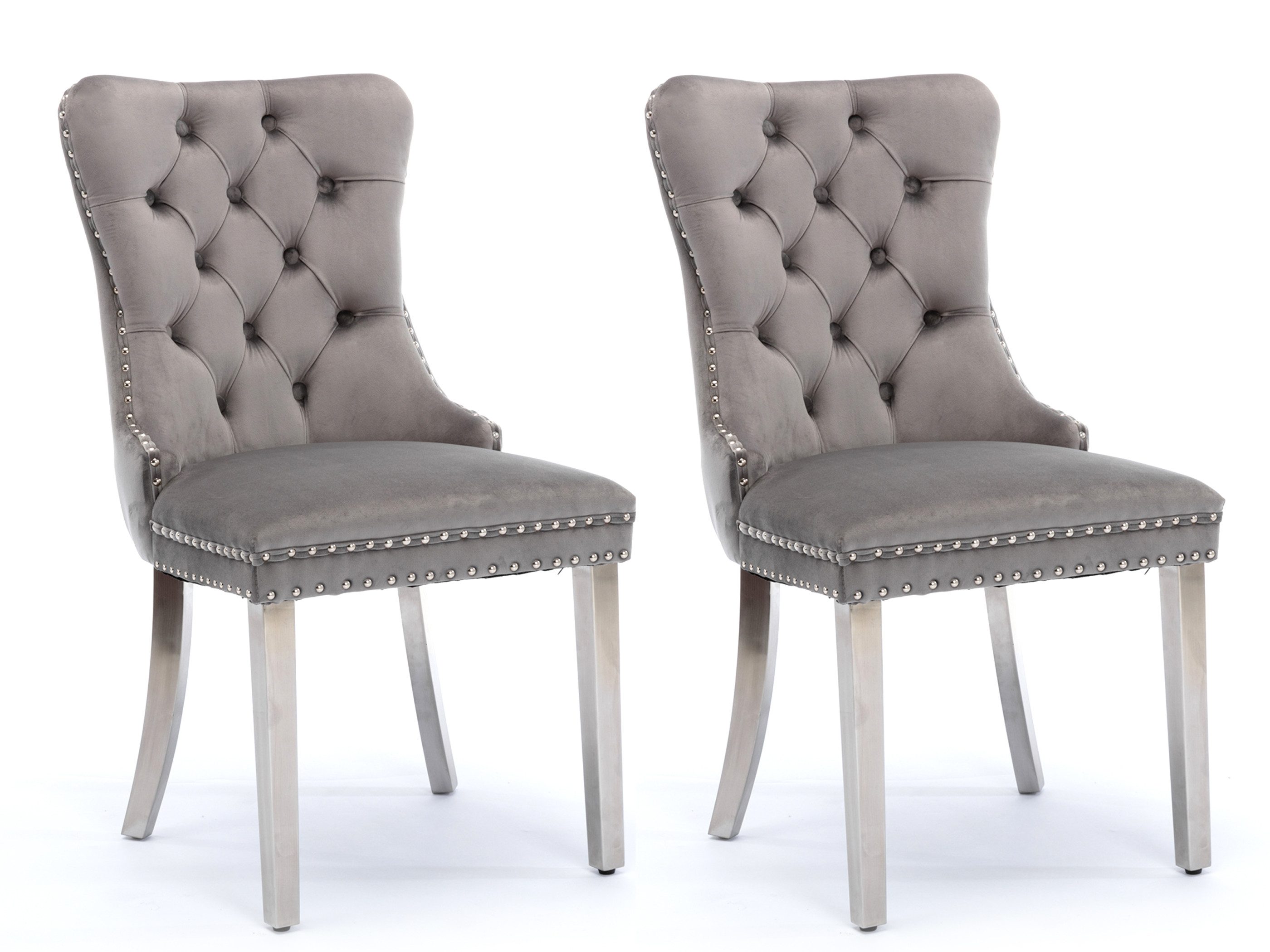 SeedWave Esszimmerstuhl 2er Set Küchenstuhl Samt Polsterstuhl mit Ziernieten, Metallbeinen, Knopf-Rückenlehne, Ringgriffe hinten, verstellbare Fußpads