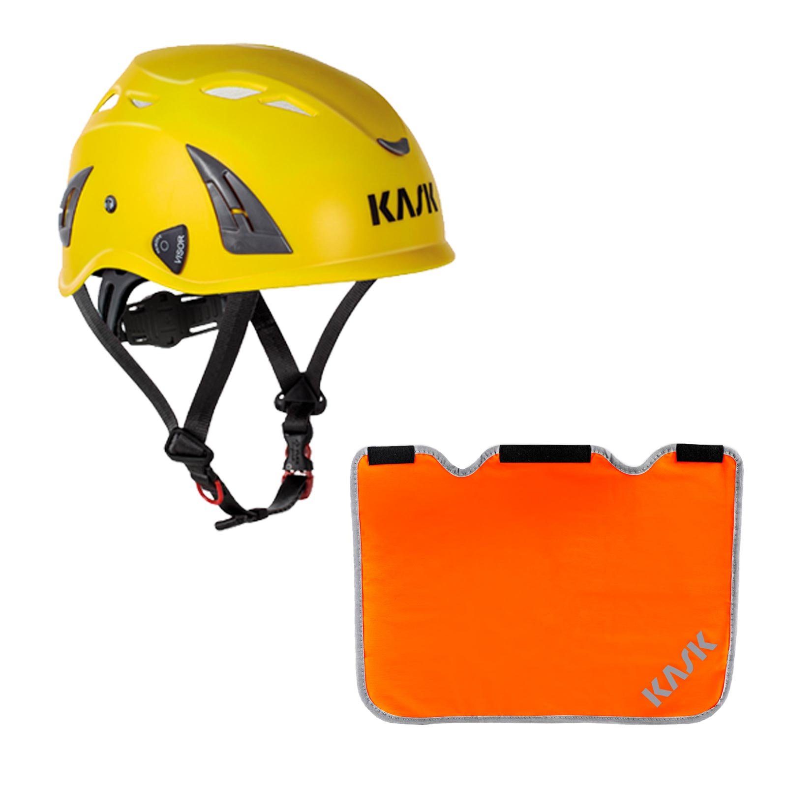 Kask Schutzhelm Plasma orange Nackenschutz + Arbeitsschutzhelm Förderung AQ mit Bau BG gelb