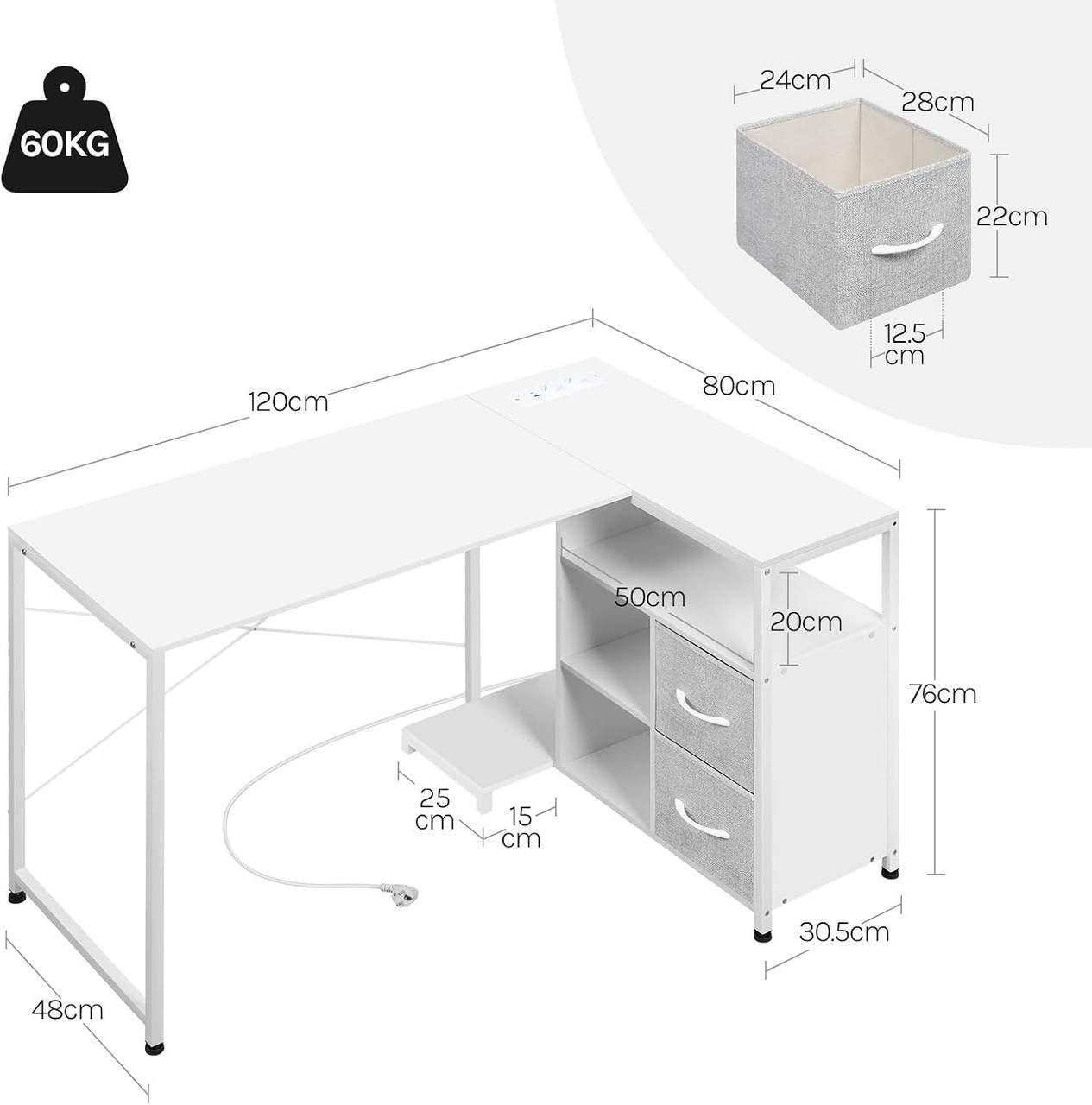 Woltu Schreibtisch (1-St), Eckschreibtisch, L-Form, Gaming Tisch mit Regal umkehrbar, 120x80 cm