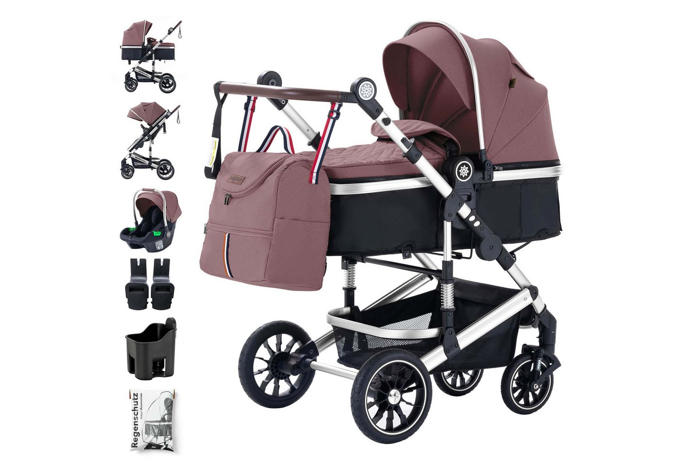 Daliya® Kombi-Kinderwagen NEOMOVE 3in1 Kinderwagen mit i-Size Babyschale & Buggy, (Reise-Set, 10-tlg), Kinderwagen mit i-Size Babyschale, Alu-Rahmen, Großer Einkaufskorb