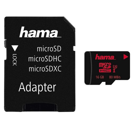 Hama »+ Adapter/Mobile« Speicherkarte (16 GB, UHS Class 3, 16 GB UHS Speed Class 3 UHS- I, 80MB/s)