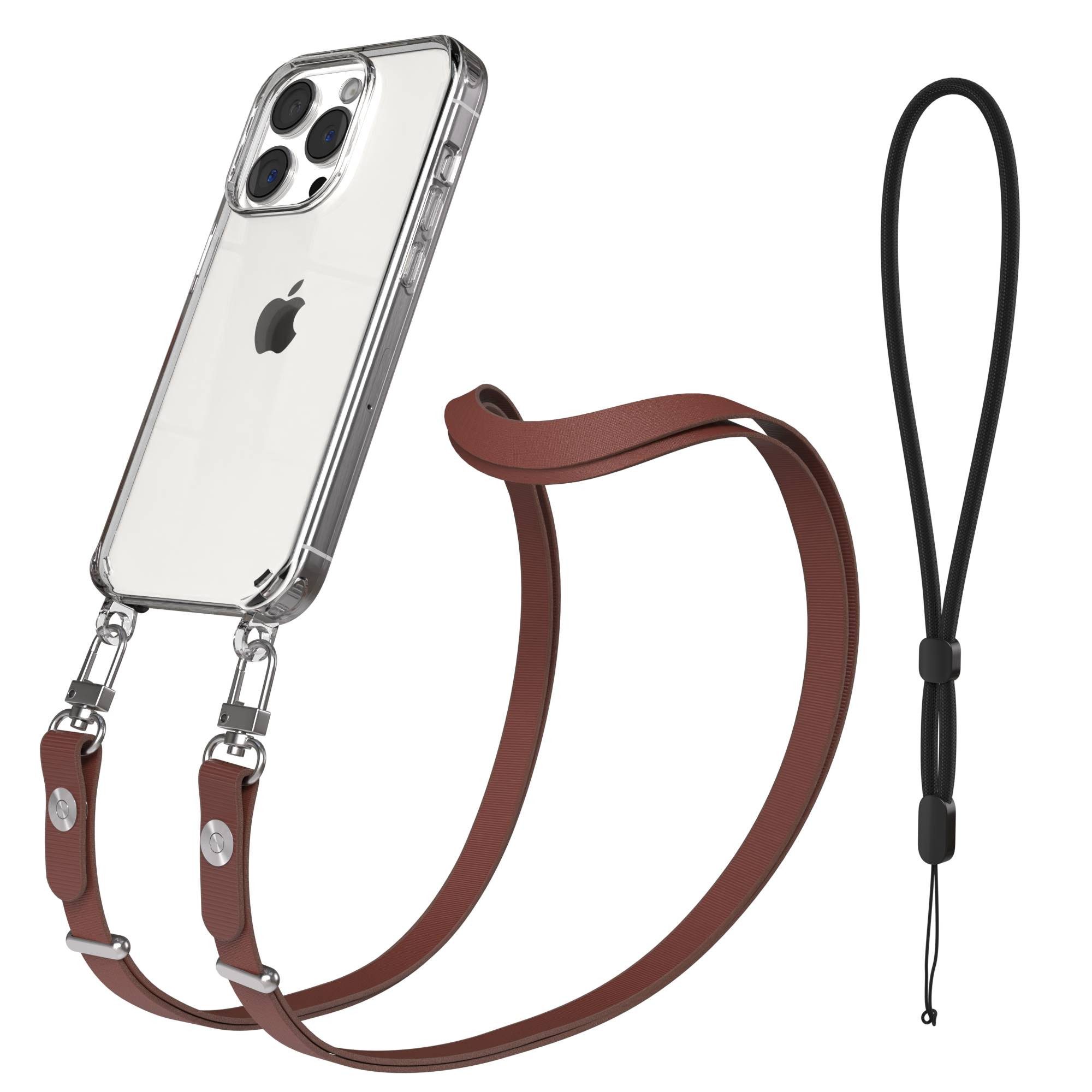 EAZY CASE Handykette für Apple iPhone 15 Pro Handyhülle mit Handyband magnetisch, Verstellbare Handykette in Dunkelbraun mit Magnetfunktion