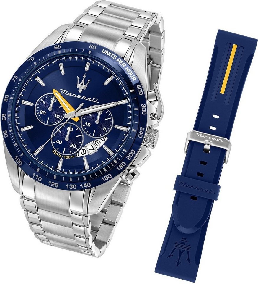 MASERATI Chronograph Maserati Herren Armbanduhr, Herrenuhr PUarmband,  rundes Gehäuse, groß (ca. 45mm) blau