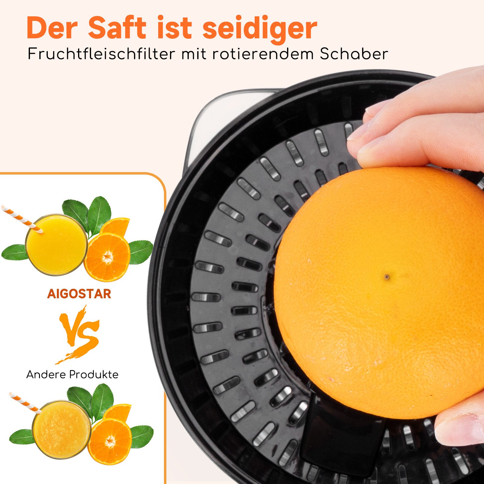 Aigostar Entsafter Saftpresse Elektrisch 2 Kegel, Orangenpresse, Zitruspresse, 40,00 W, Hohe Saftausbeute, Tropfsicherer Auslauf, 100% reiner Saft, BPA-frei – Bild 5 von 5