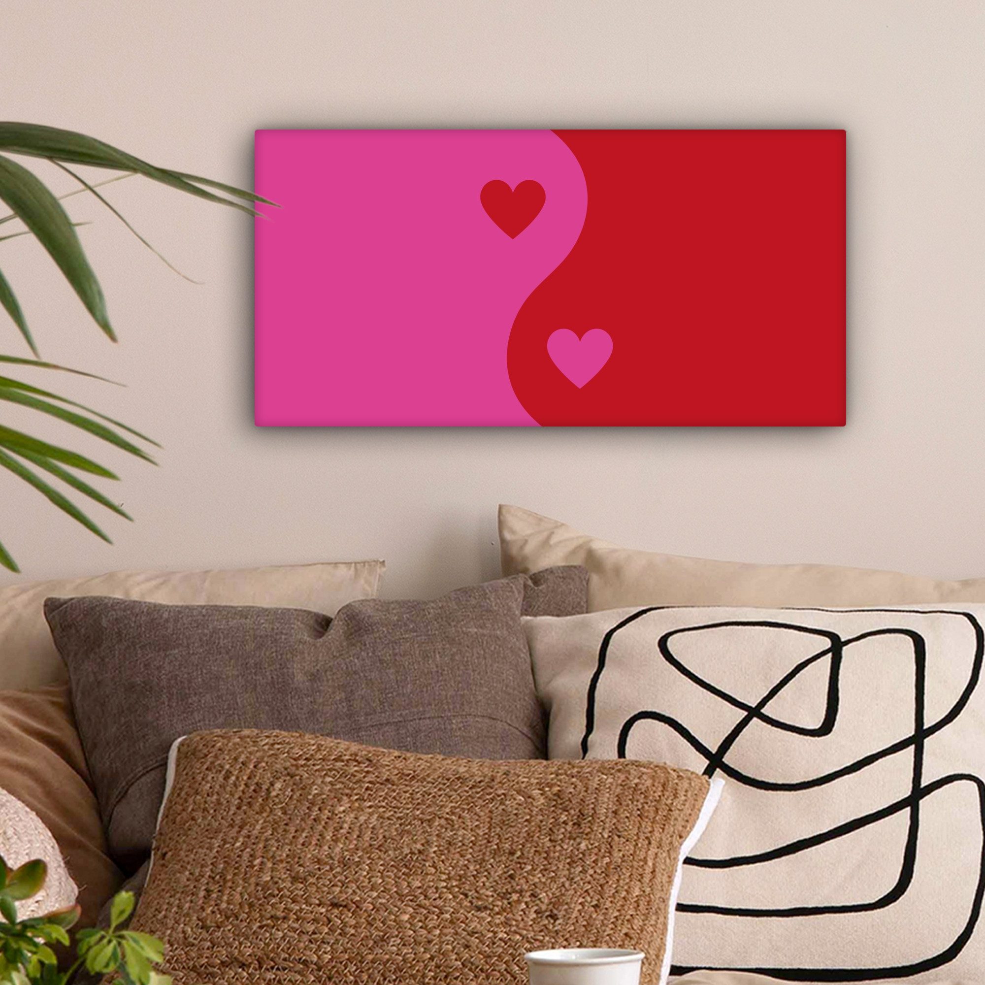 OneMillionCanvasses® Leinwandbild Panorama Minimalistisch - Rot - Rosa - Herzen, Fotodruck (1 St), Leinwand Bilder für Wohnzimmer Schlafzimmer 60x30 cm