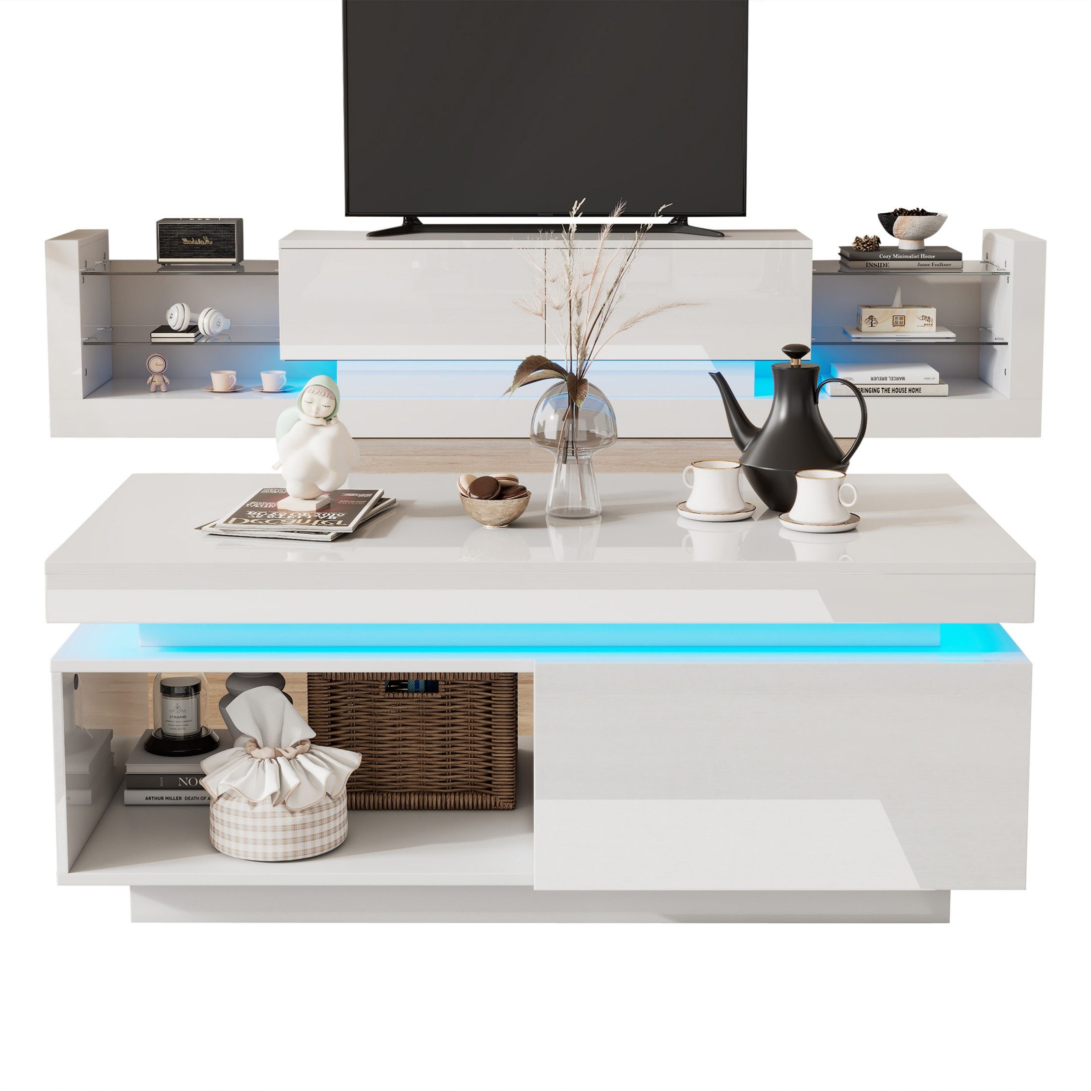 autolock Wohnzimmer-Set Hochglanz TV-Schrank-Set mit LED, TV-Lowboard 181 cm Couchtisch 100 cm, Wohnzimmer-Wandset in Weiß, Modernes TV-Möbel-Set