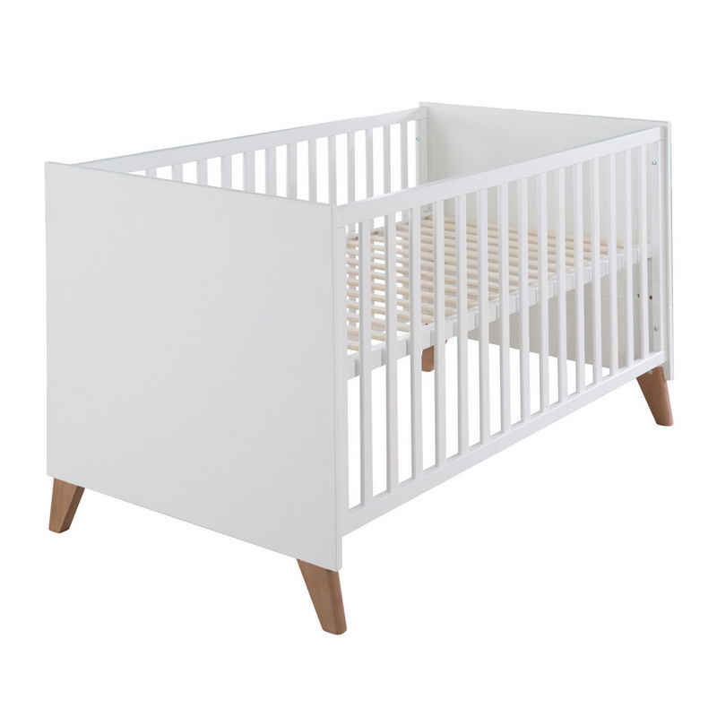 roba® Babybett Ole 70 x 140 cm aus Holz - Weiß lackiert - Füße aus Massivholz, 3-fach Höhenverstellbar, 3 Schlupfsprossen, umbaubares Gitterbett