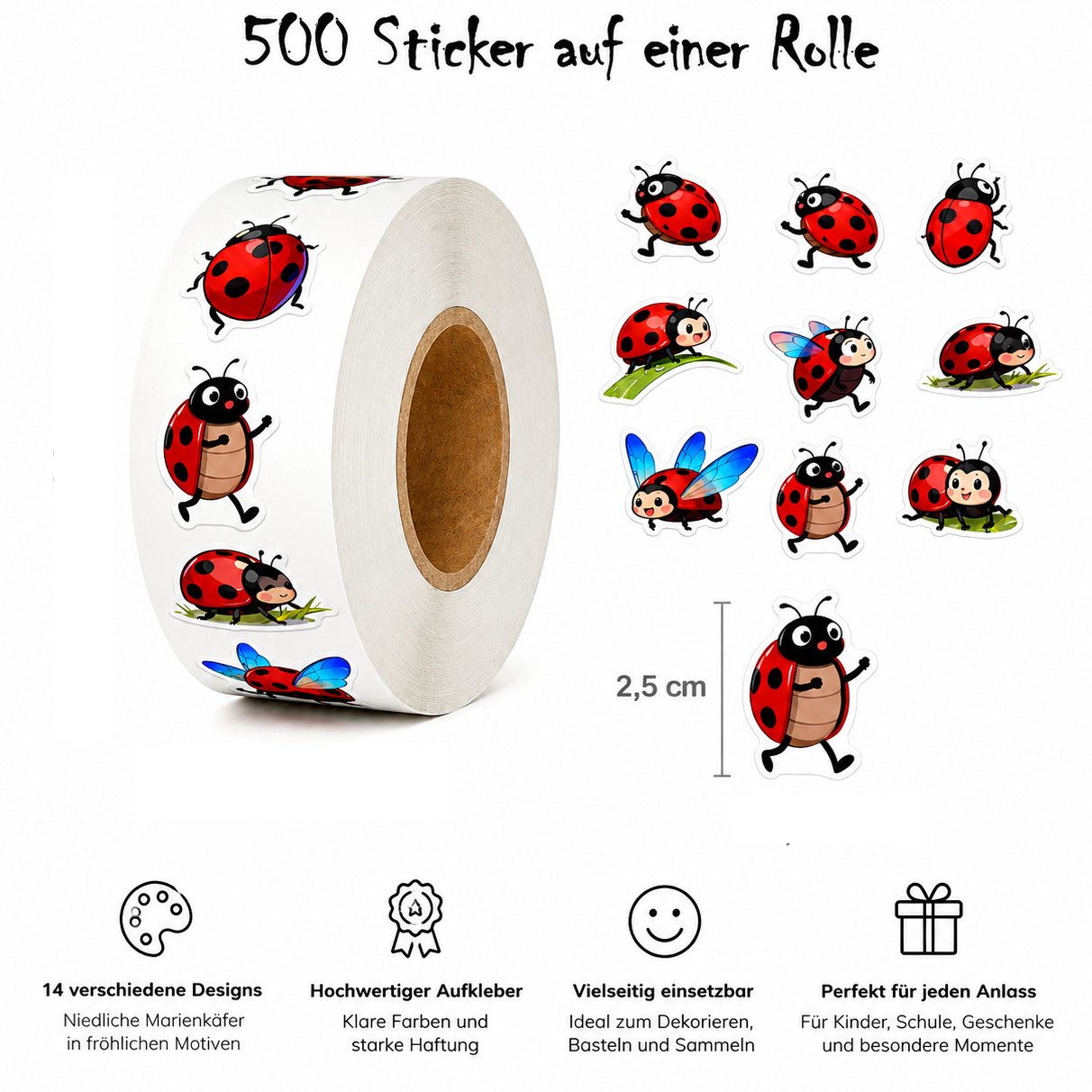 Ware aus aller Welt Sticker 500 Marienkäfer Sticker Glücks Aufkleber Etiketten 2,5cm, (500-tlg)