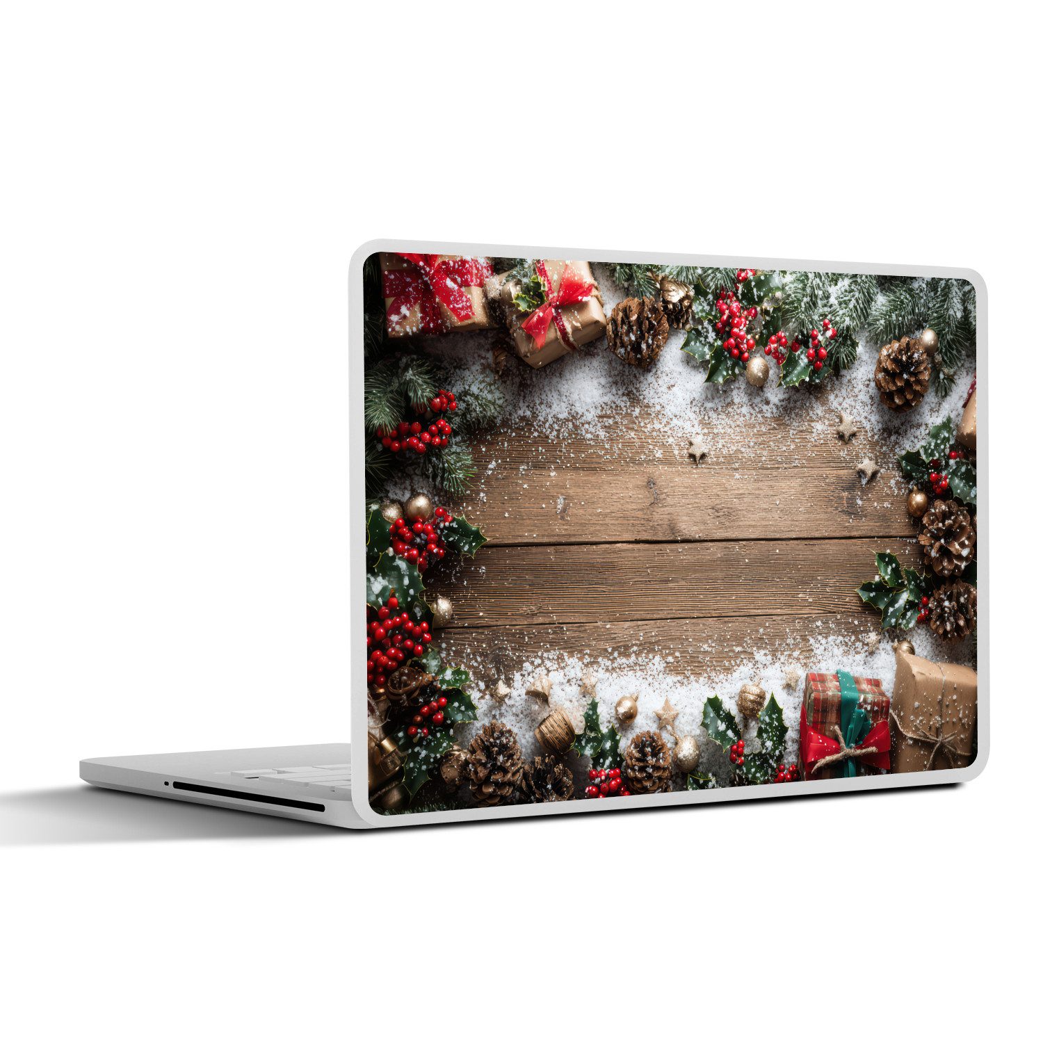 MuchoWow Laptop-Aufkleber Weihnachtsdekoration - Geschenke - Holz - Mehrfarbig, (1tlg), Aufkleber Geeignet für Laptops, Schutz vor Kratzern, Sticker, 31x22 cm