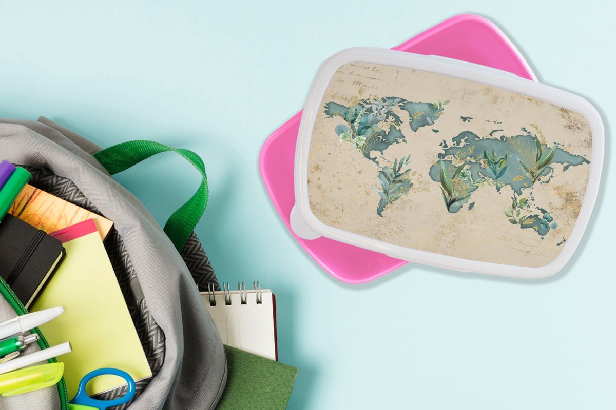 MuchoWow Lunchbox Weltkarte - Kunststoff, Kunststoff Mädchen, für rosa Snackbox, Papyrus Vintage, (2-tlg), Brotdose Brotbox Kinder, - Erwachsene
