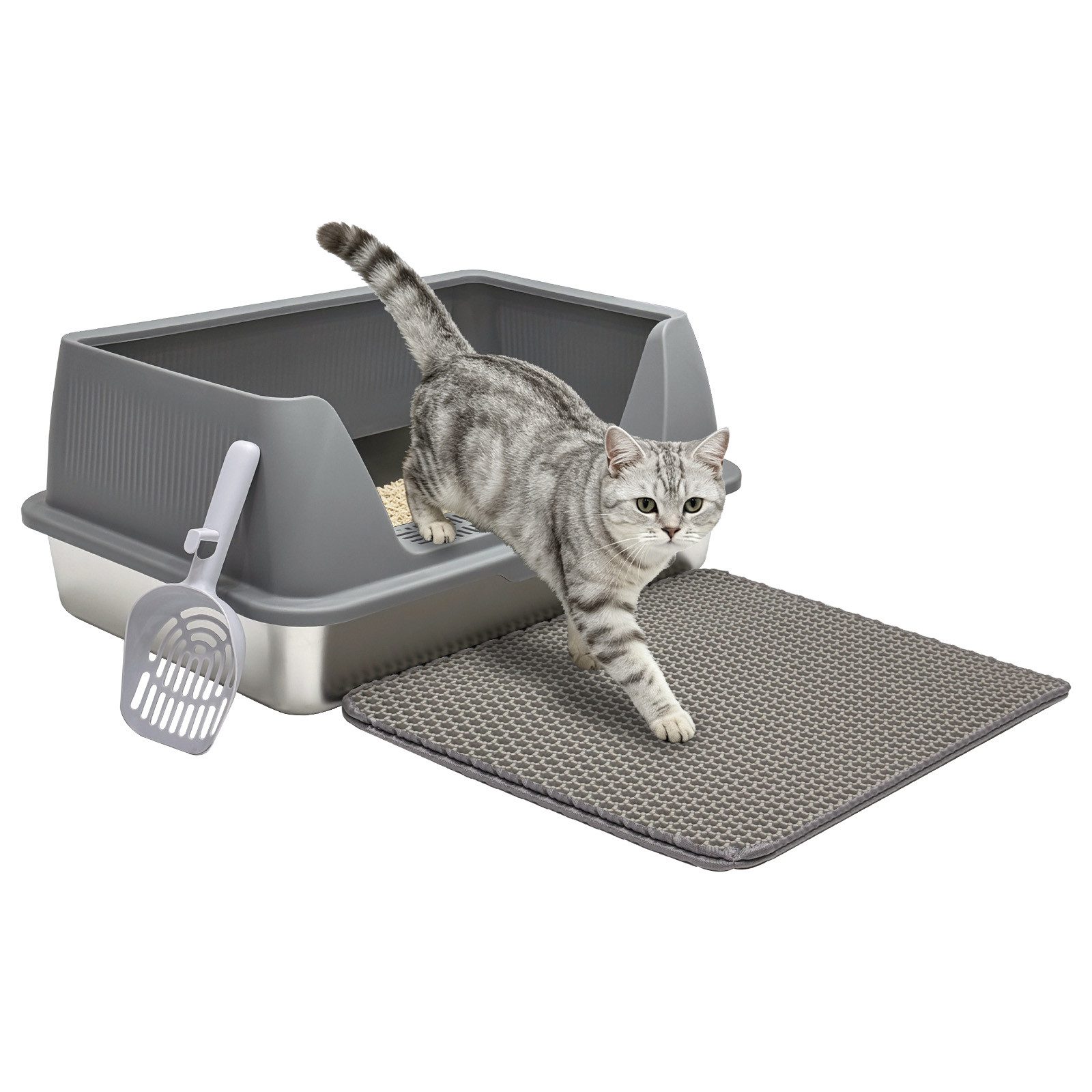 kisidus Katzentoilette Geschlossene Katzenklo Edelstahl 60 x 40 x 25 cm, Mit Hochwandigem Seitengehäuse Nicht-Klebrig & Einfach zu Reinigen