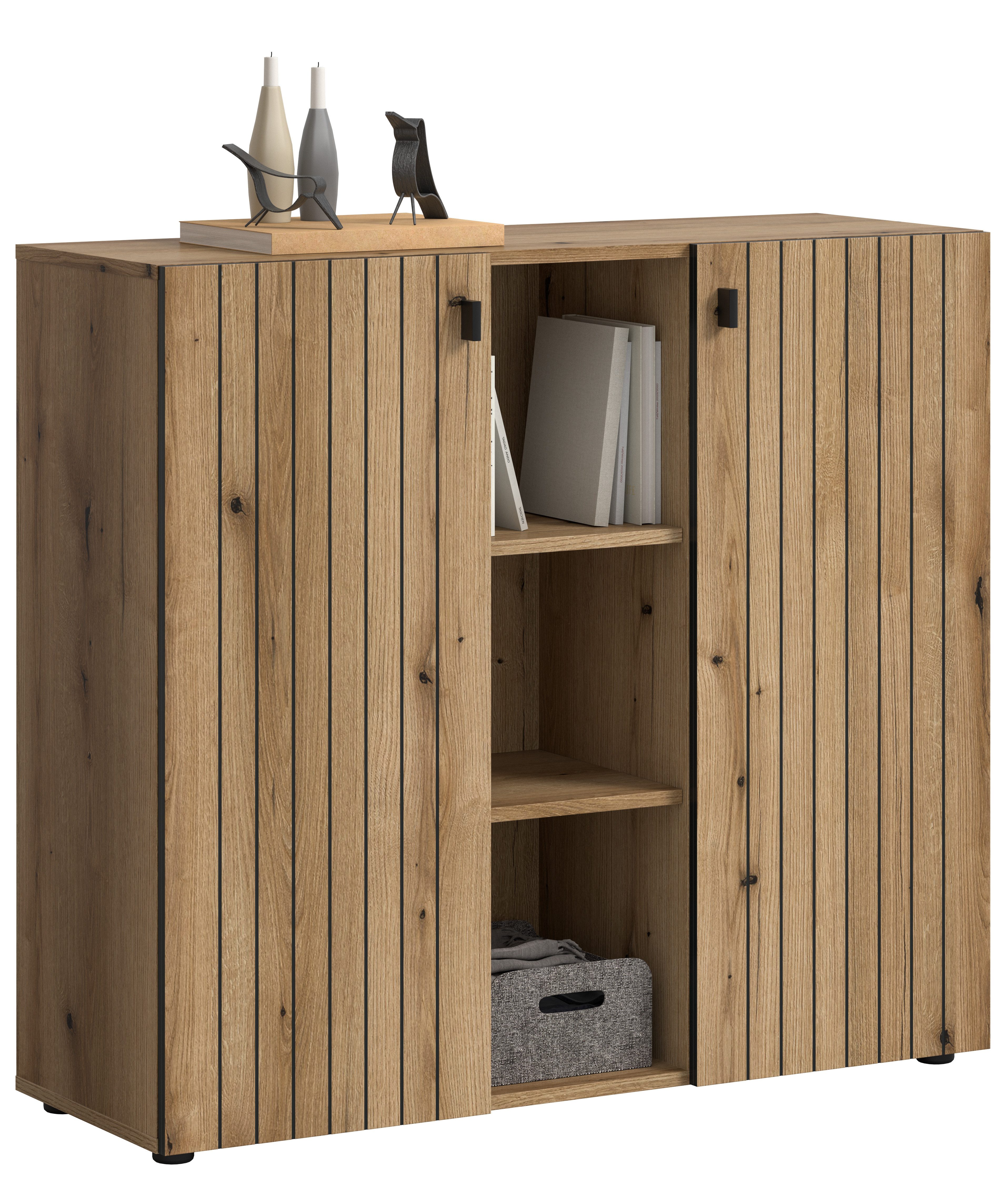 furnling Schuhkommode Stalon, Schuhschrank mit 3 offenen Fächern, Rillenfräsung in Paneeloptik