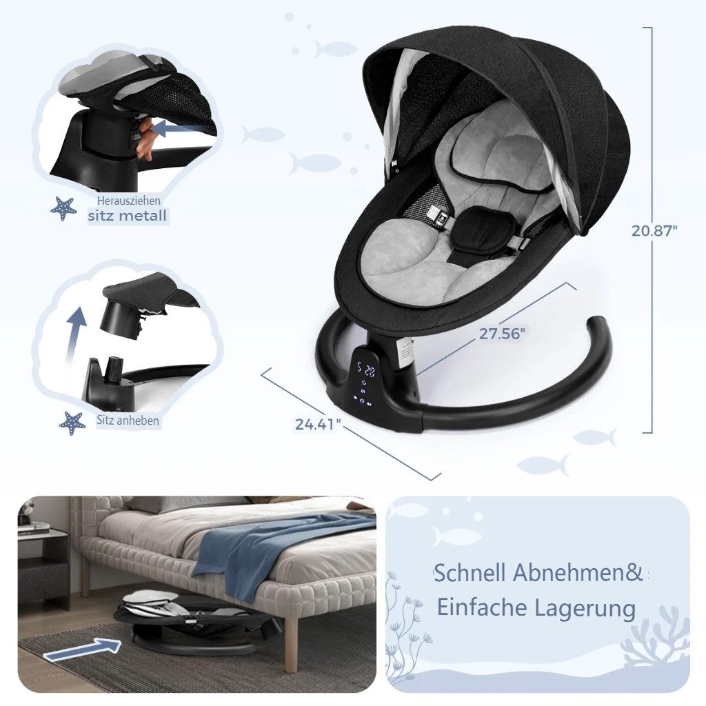 Insma Babywippe elektrisch Babyschaukel 5 Gang Schaukelstuhl Baby bluetooth, 3 Timer (1-tlg), mit bluetooth-Musik, abnehmbarem Kissen, Spielzeug, Batteriekompatibel