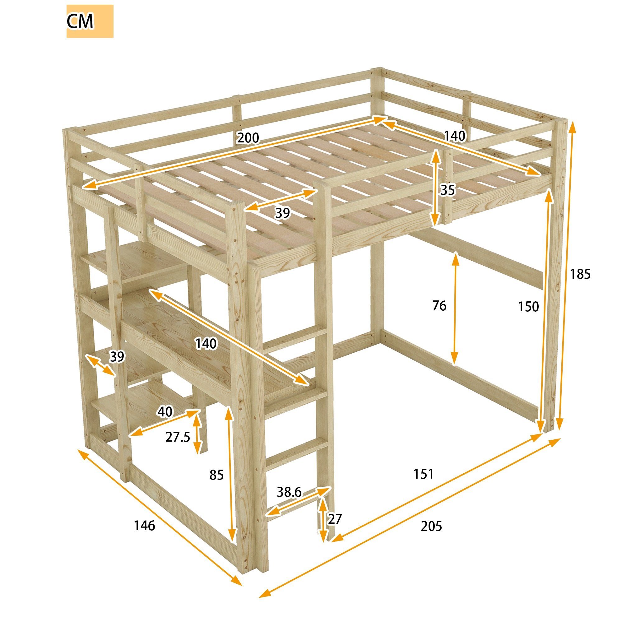 Kiefer), einer OKWISH und 140 Ohne (mit mit Betten natur 4 Schreibtischplatte, Ablagefächern cm für Zuhause aus Stauraum, komplett Matratze X Bett 200 Kinderbett,