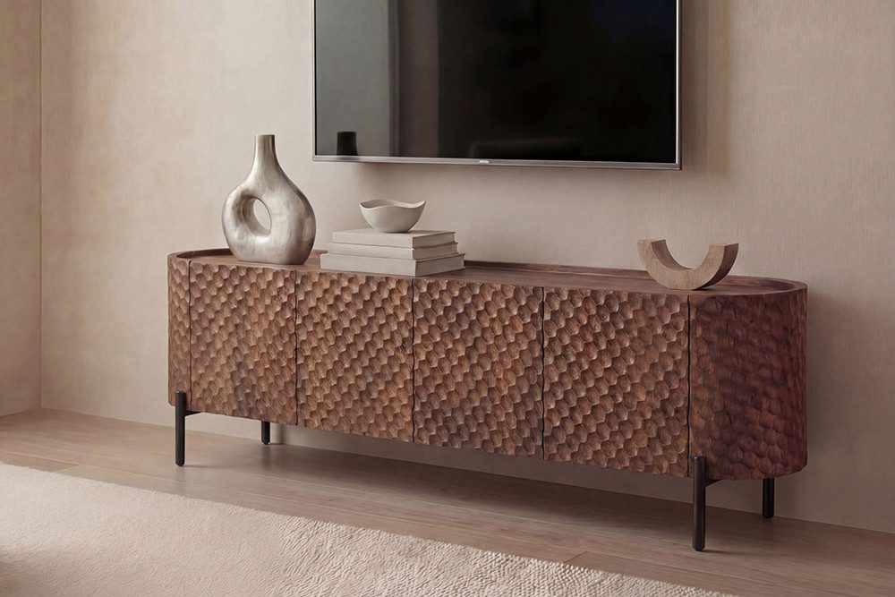 riess-ambiente TV-Board ADLON 160cm braun/schwarz - lackiertes Mango-Massivholz, 3D-Front (Einzelartikel, 1 St), Metallfüße, Kabelöffnung & Soft-Close-Funktion – ideal fürs Wohnzimmer