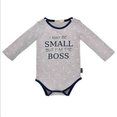 BONDI Langarmbody Baby Body mit Spruck "I may be SMALL but I´m the BOSS", grau marine Bio Baumwolle, Freches Design