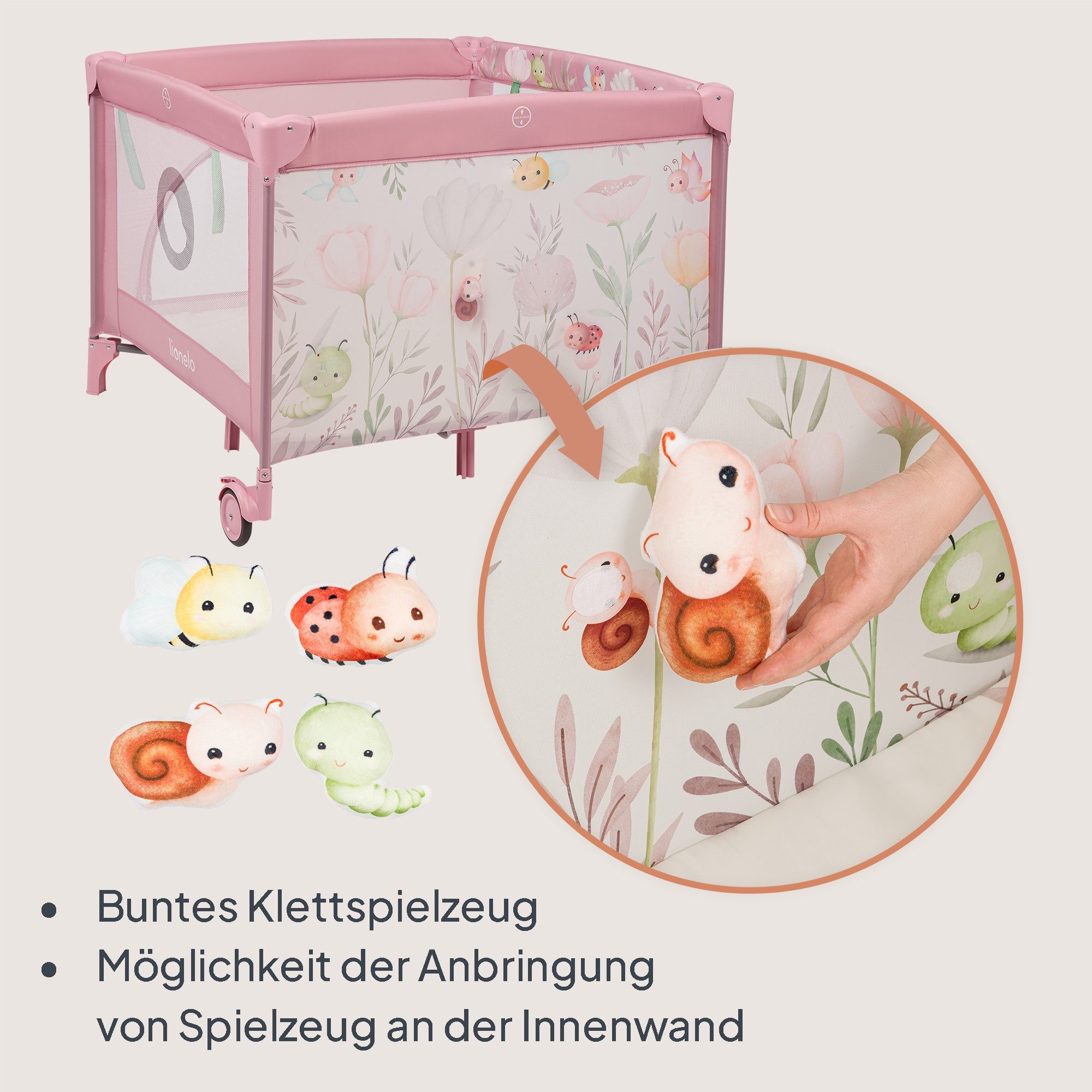 lionelo Laufgitter MILLE PLUS (Set mit Lernmatte und Tragetasche), Matratze/Spielzeug/Lernmatte/Reißverschluss-Eingang/Rollen – Bild 4 von 5