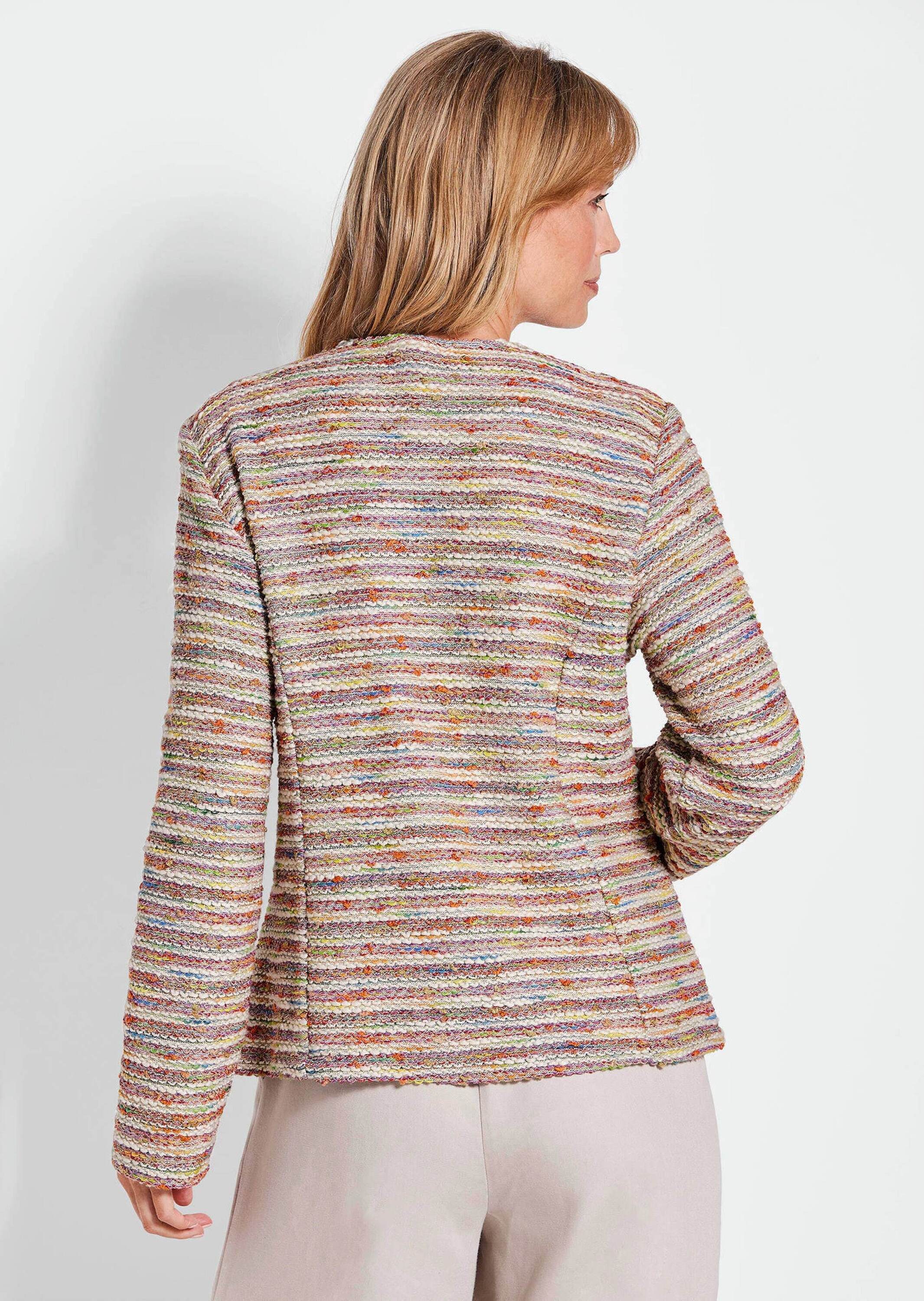 GOLDNER Outdoorjacke Elegante Bouclé-Jacke mit Multicolor-Design Stilvolle Jacke mit goldfarbenem Reißverschluss, Rundhalsausschnitt