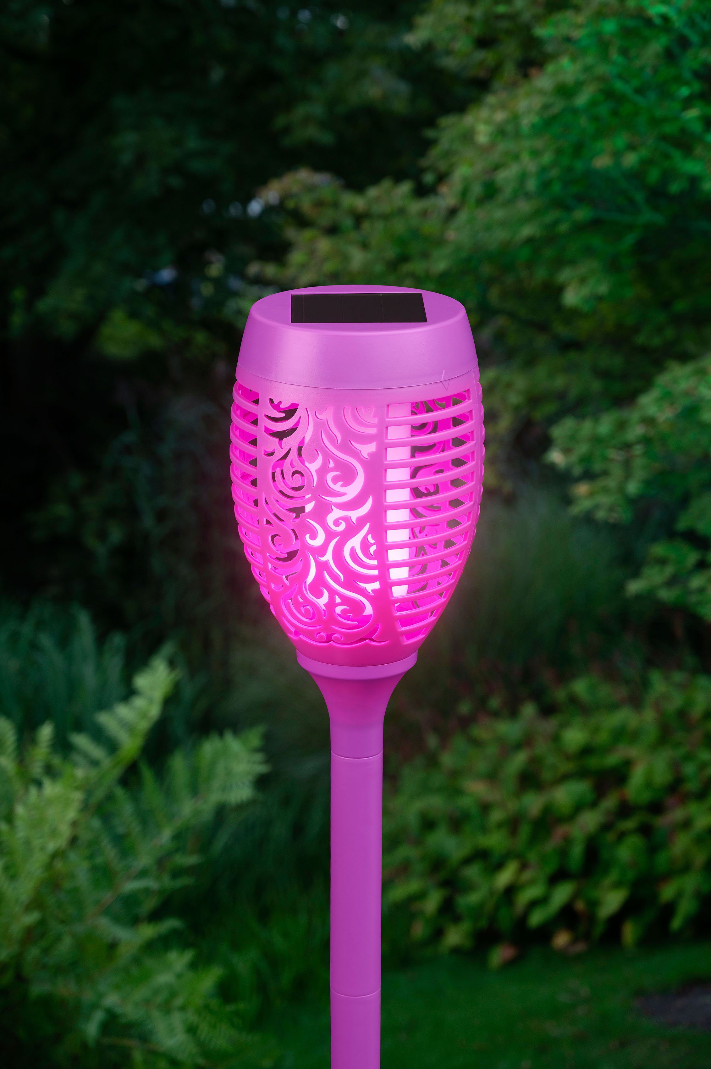 BONETTI LED Gartenfackel, Tageslichtsensor, LED Flamme lila realer Solar integriert, mit LED fest Gartenfackel