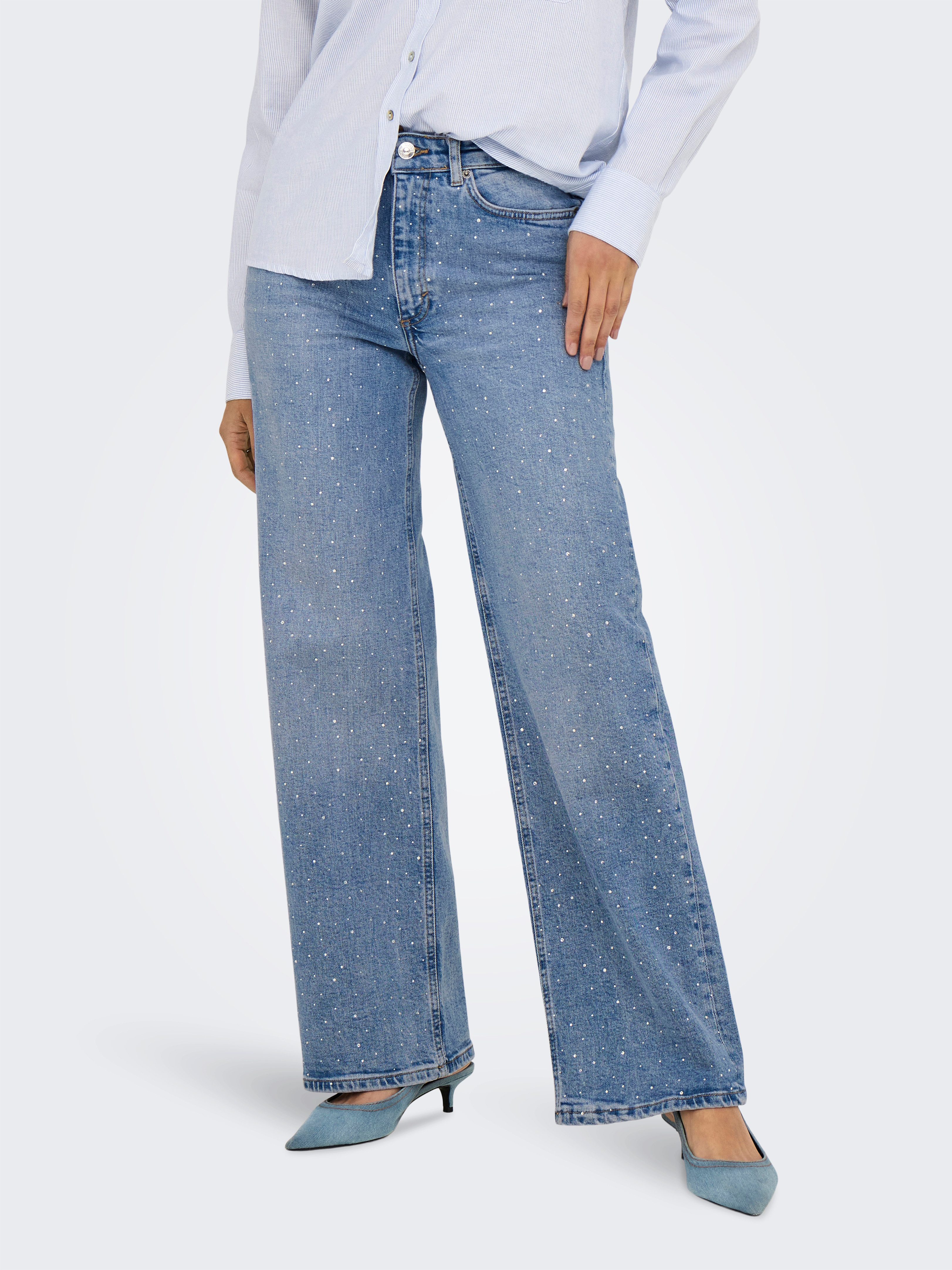 ONLY High-waist-Jeans ONLJUICY HW RHINESTONE WIDE REA365 DNM Baumwollmischung, Pailletten-Details, high waist, wide fit