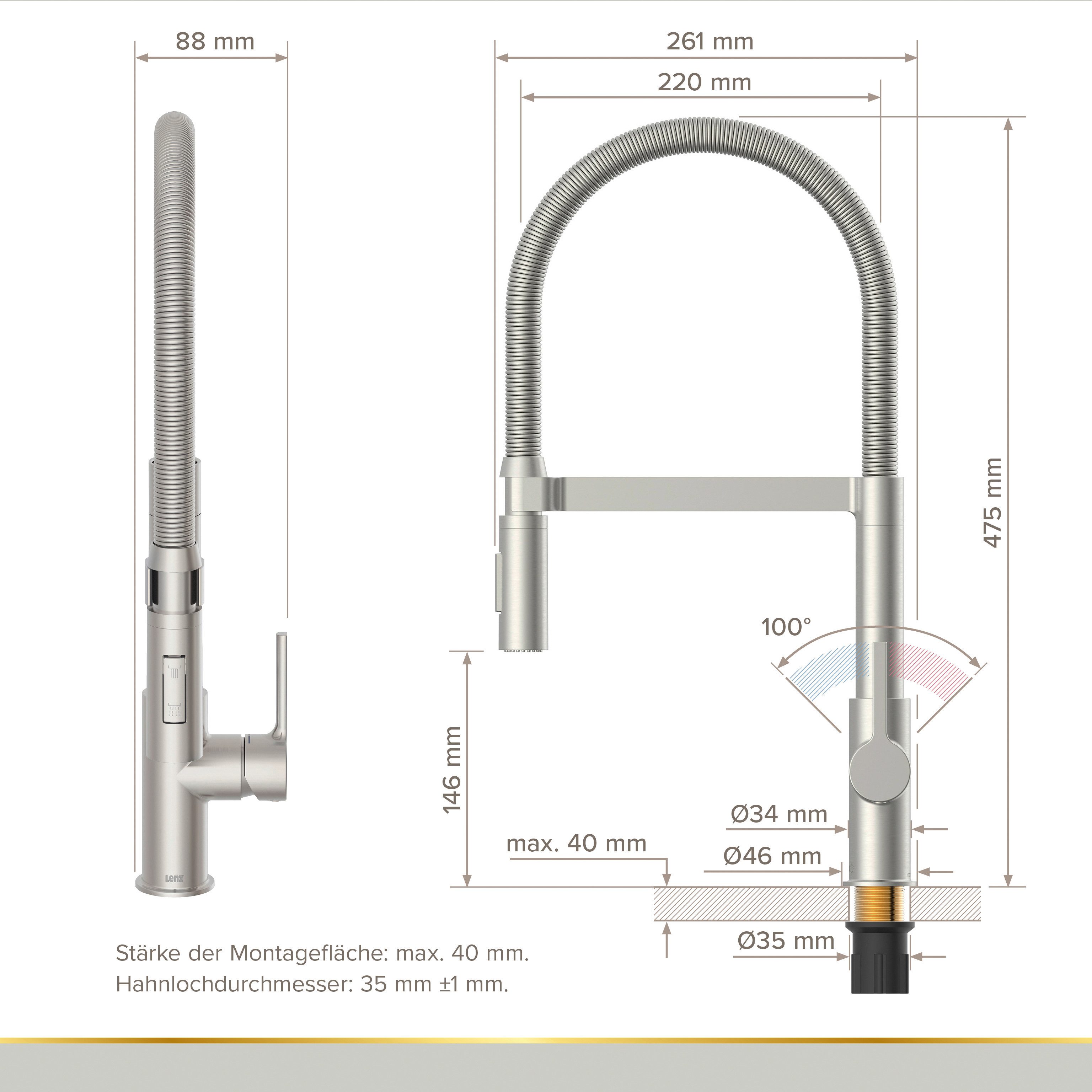 Lenz Küchenarmatur ALUNA mit Pendelbrause 2 Strahlarten, schwenkbar, flexible Brause Flexible Pendelbrause mit 2 Strahlarten – Bild 4 von 5