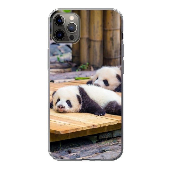 MuchoWow Handyhülle Pandas - Boden - Holz Handyhülle Apple iPhone 13 Pro Max Smartphone-Bumper Print Handy