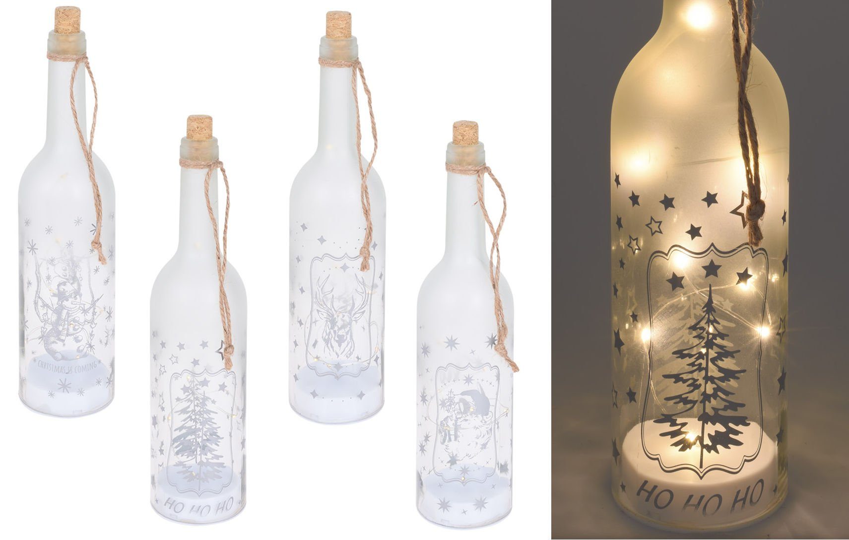 Spetebo LED Dekolicht »LED Weihnachts Deko Flasche - 4er Set«,  Ein-/Ausschalter, LED fest integriert, warm weiß, Glas Flasche mit Draht  Lichterkette beleuchtet - 4 verschiedene weihnachtliche Motive
