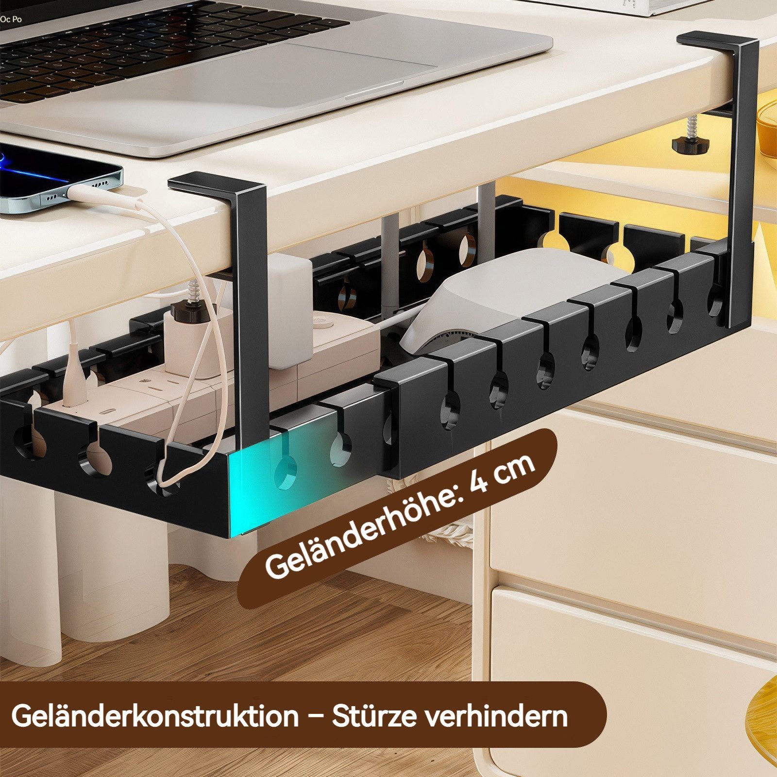 BlingBin Kabelkanal Kabel-Management-Tablett unter dem Schreibtisch, ohne Bohren (1 Stück, 1-St., 43-74 x 19 x 14 cm), Kabelkorb zum Verwalten von Kabeln und Steckdosenleisten