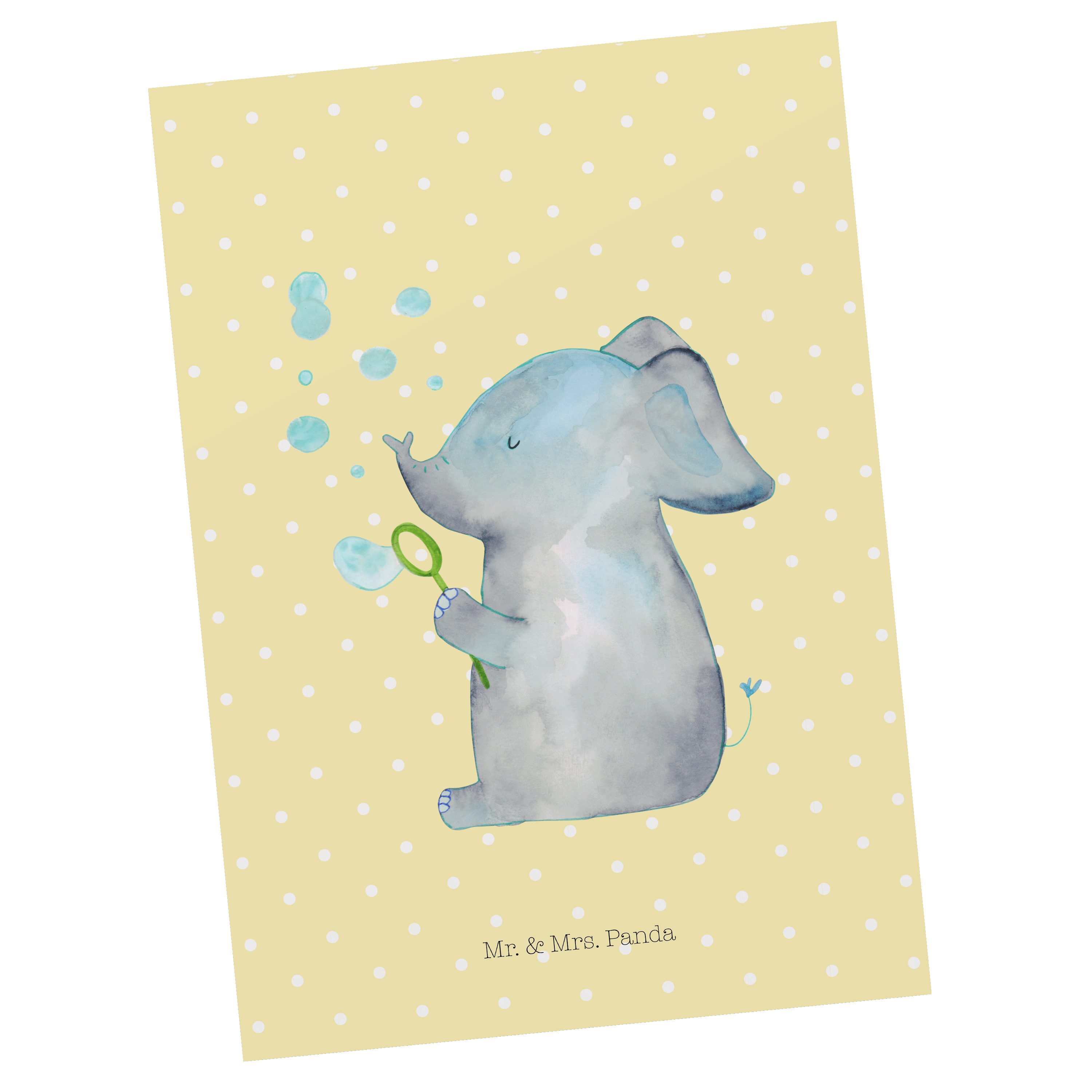 Mr. & Mrs. Panda Postkarte Elefant Seifenblasen - Gelb Pastell - Geschenk, Gute Laune, Grußkarte