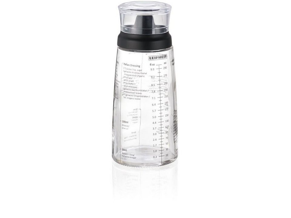 Leifheit Dressing Shaker 300 ml, Glas, Messskala in ml und fl oz und  Rezeptskalen zum direkten Ausmessen in der Flasche