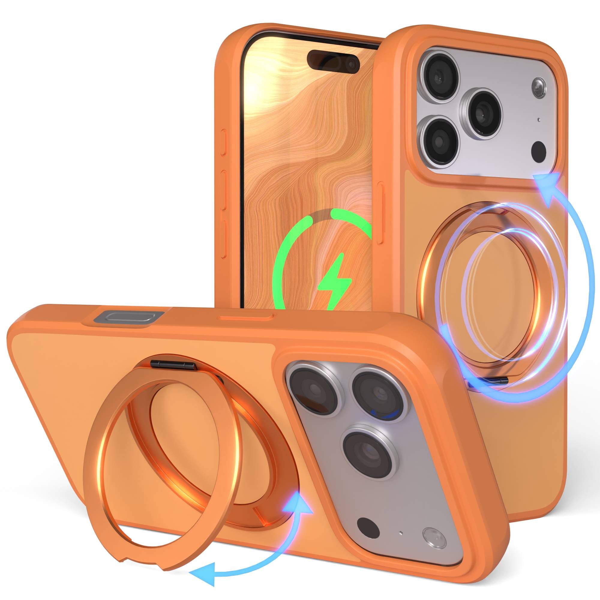 EAZY CASE Handyhülle Outdoor Apple iPhone 17 Pro Case MagSafe Rotation Ring 6,3 Zoll, Slimcover Handyhülle Outdoor zum Aufstellen mit Ring modern in Orange