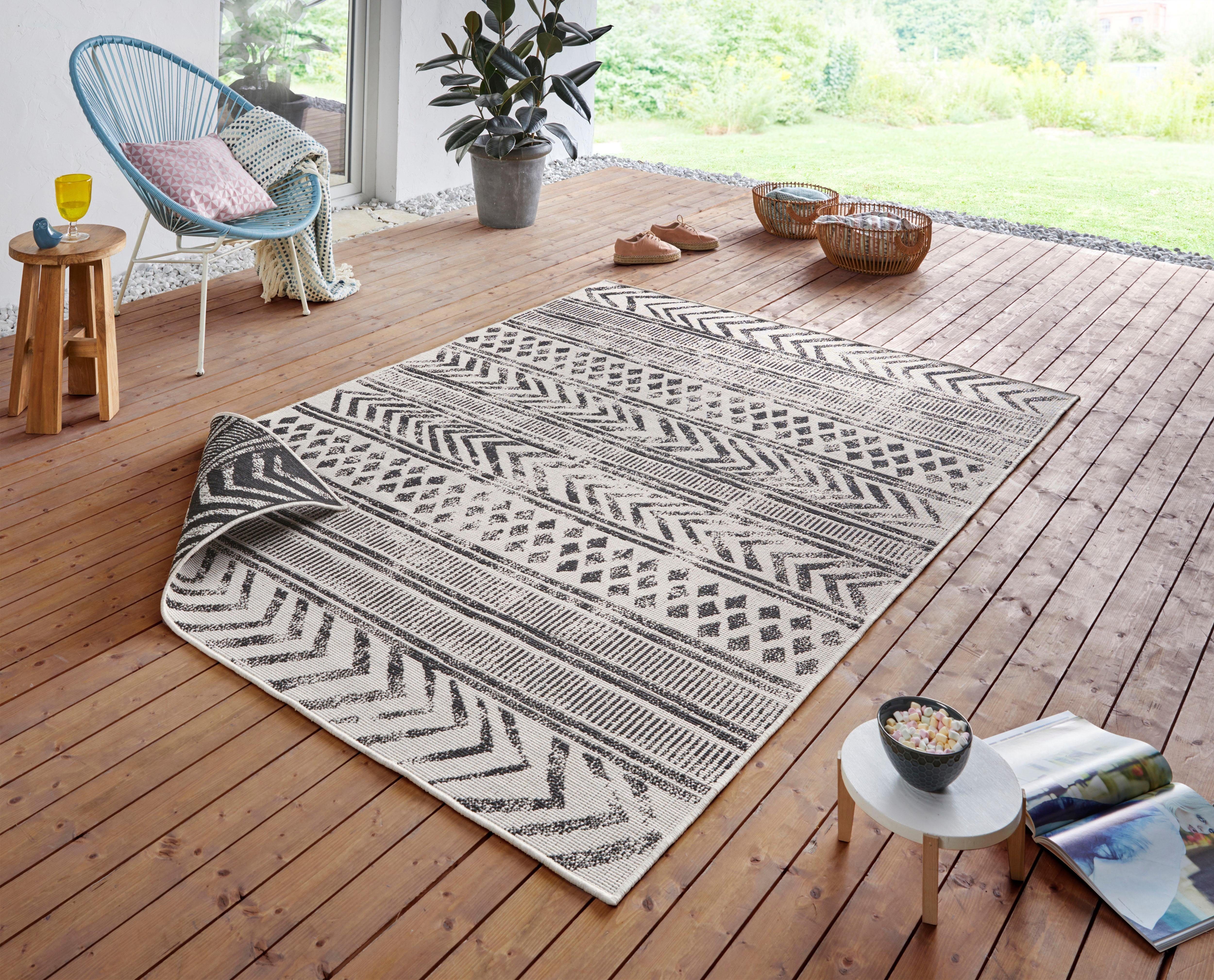 Teppich BIRI Wendeteppich, NORTHRUGS, rechteckig, Höhe: 5 mm, In-& Outdoor, Wetterfest, Balkon, Garten, Wohnzimmer, Wasserfest, Boho schwarz/creme