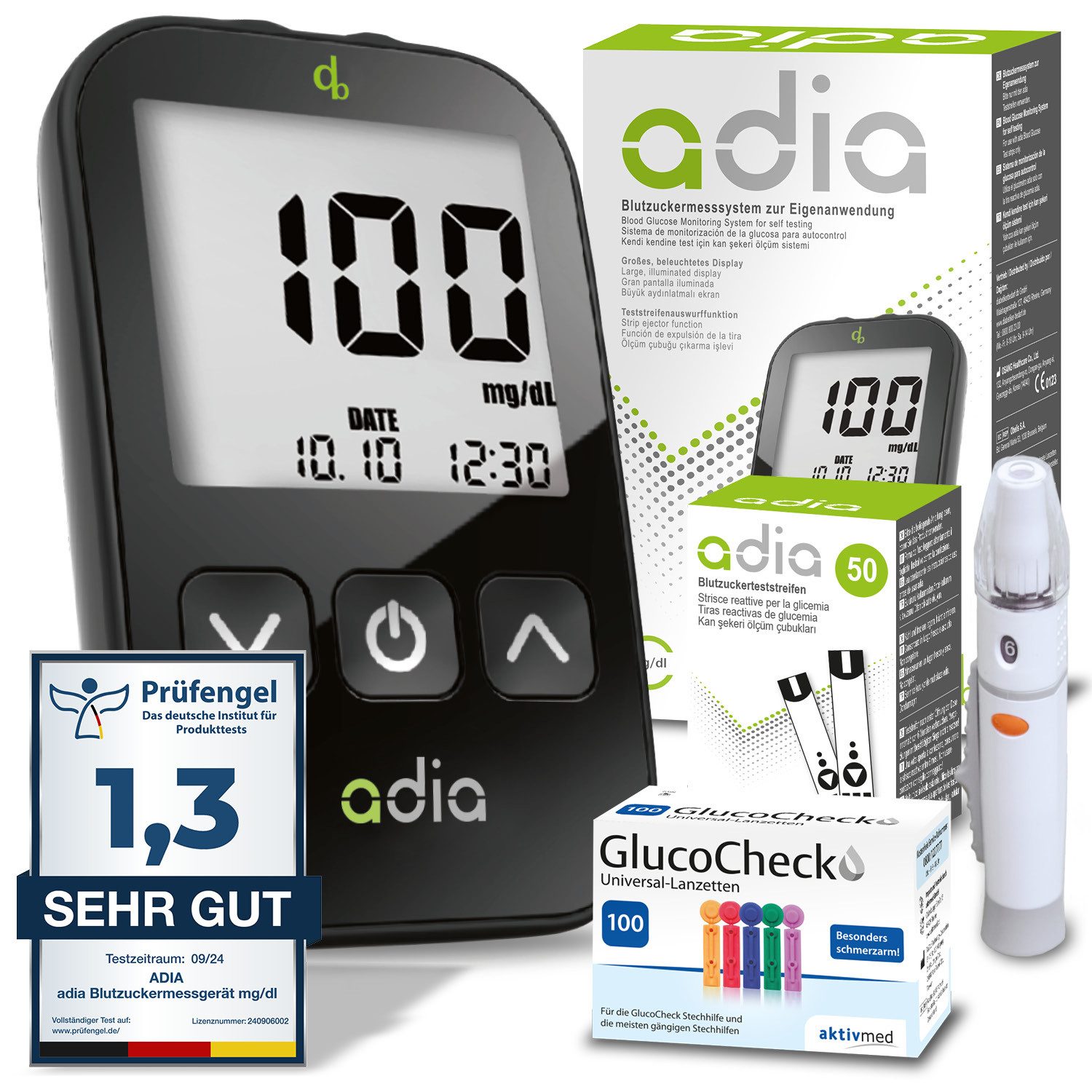 ADIA Blutzuckermessgerät adia Blutzuckermessgerät Set + 60 Teststreifen + 110 Lanzetten mg/dl