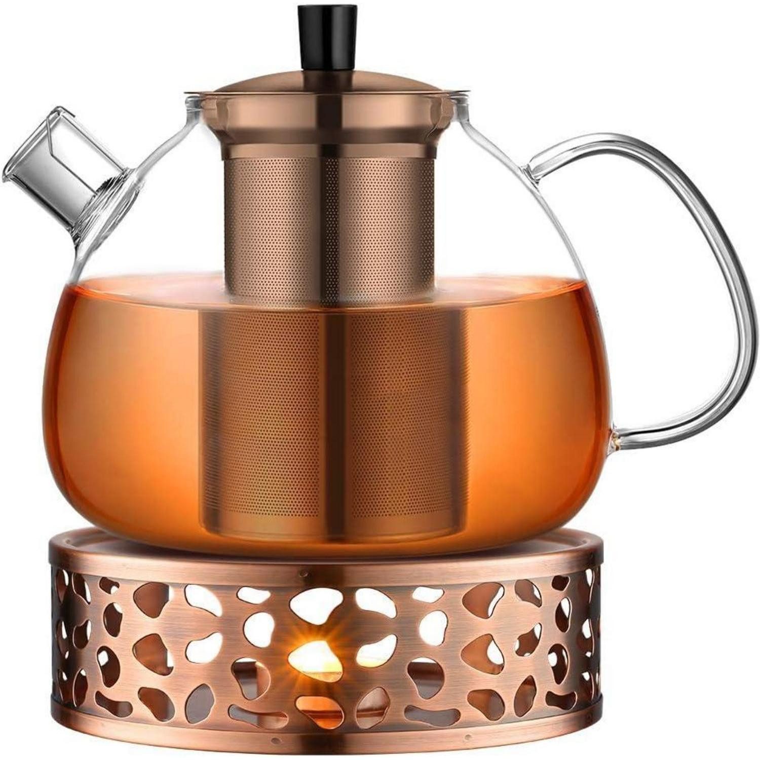 LuxusKollektion Teekanne Teekanne Glas Teesieb 1500ml Teewärmer Edelstahl Kupferfarben