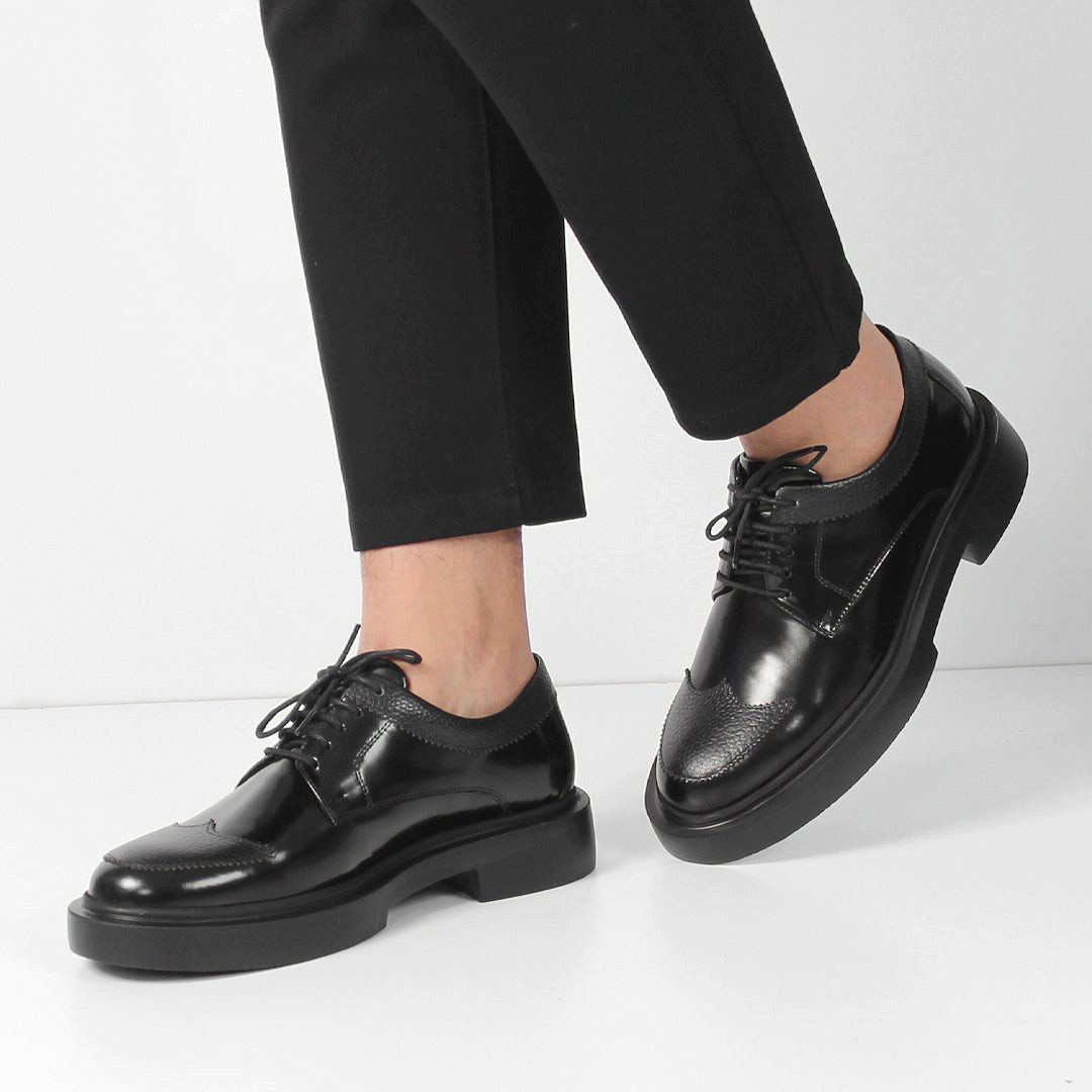 Celal Gültekin Wingtip Brogue Derby Blockabsatz Herren Schnürschuh Glanzleder Brogue, Blockabsatz, Echtleder-Futter, Schwarz, 44