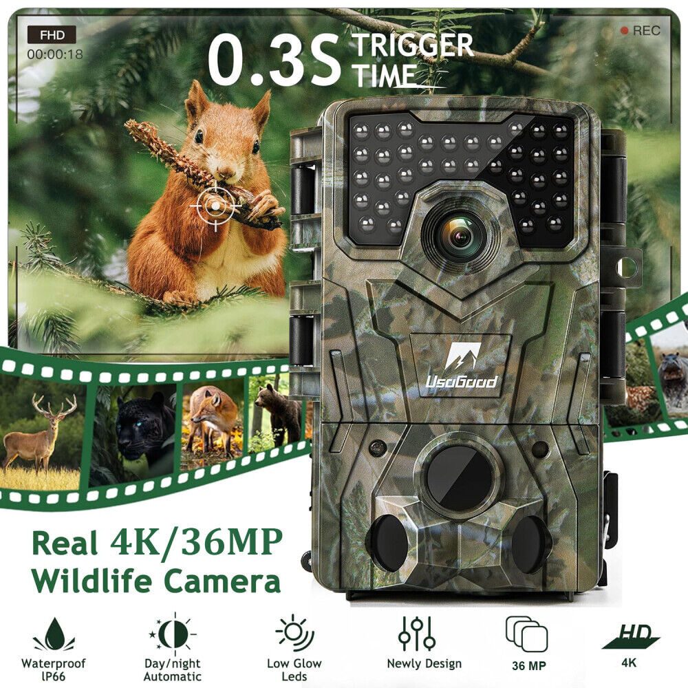 Usogood Wildkamera mit 32G Speicherkarte und 8 Batterien Überwachungskamera (Outdoor, 120° Weitwinkelobjektiv, 4K 36MP, 120° Jagdkamera mit Bewegungsmelder Nachtsicht, 0.3S)