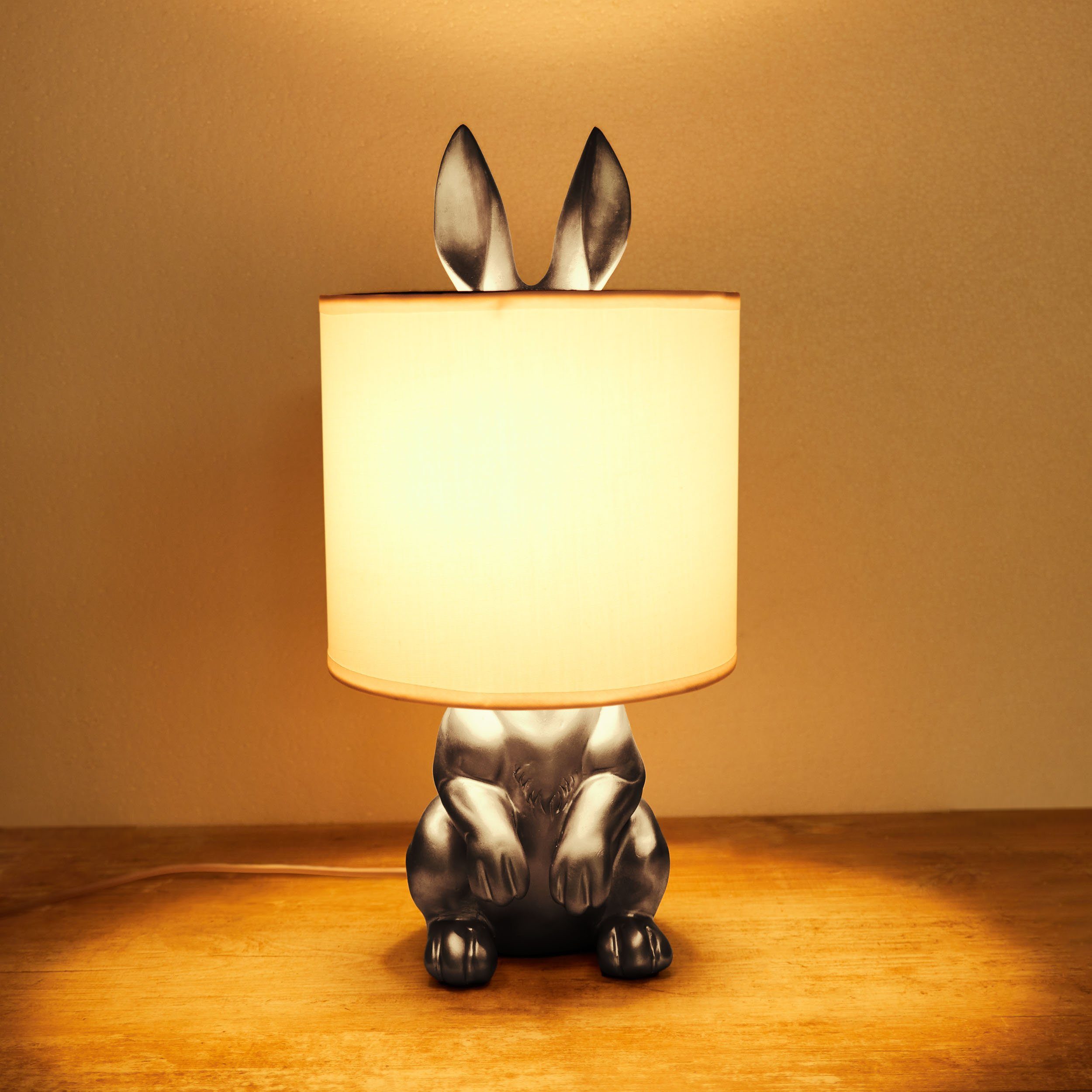 Silber, Weiß Nachttischlampe Lampe Motiv Tischleuchte Keramikfuß, Leuchtmittel, mit Silber Hase cm mit Tischlampe Höhe oder - BRUBAKER Lampenschirm, Gold 42 ohne Schirm: