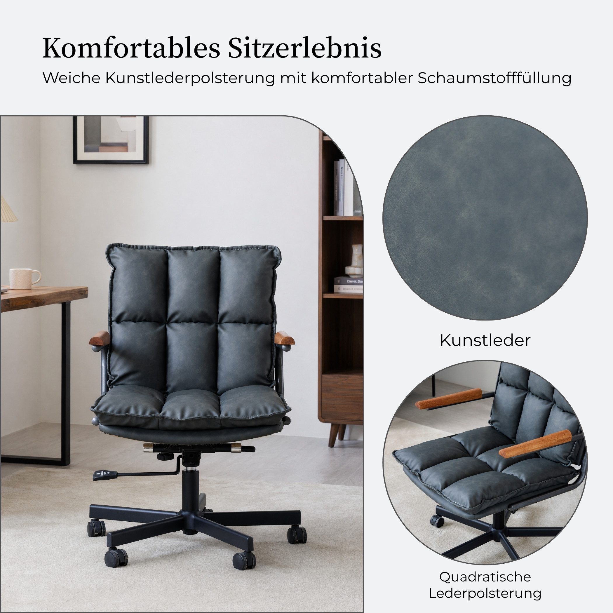SeedWave Bürostuhl Höhenverstellbarer Drehstuhl mit Eichenholz-Armlehnen, 136kg belastbar, Industrial Design, Kunstleder Schreibtischstuhl mit Wippfunktion