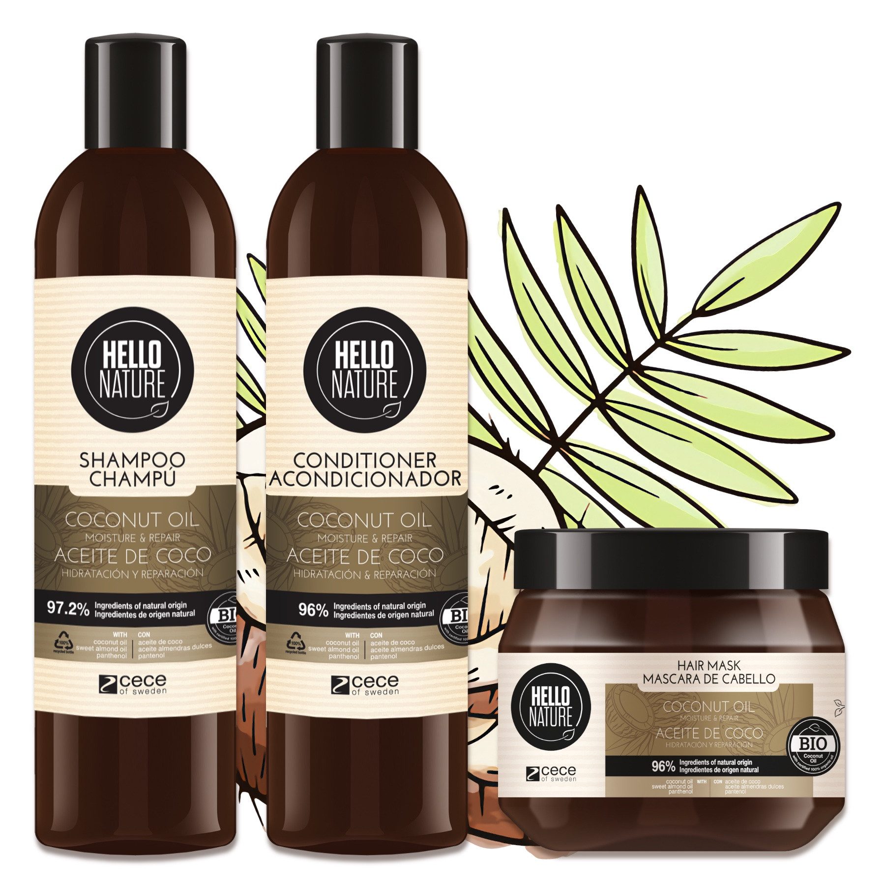 Hello Nature Haarpflege-Set Haar Shampoo Conditioner Haarmaske Set mit Kokosöl Vegan Hello Nature, Haarpflege, Shampoo, Haarspülung, Haarmaske, Hello Nature