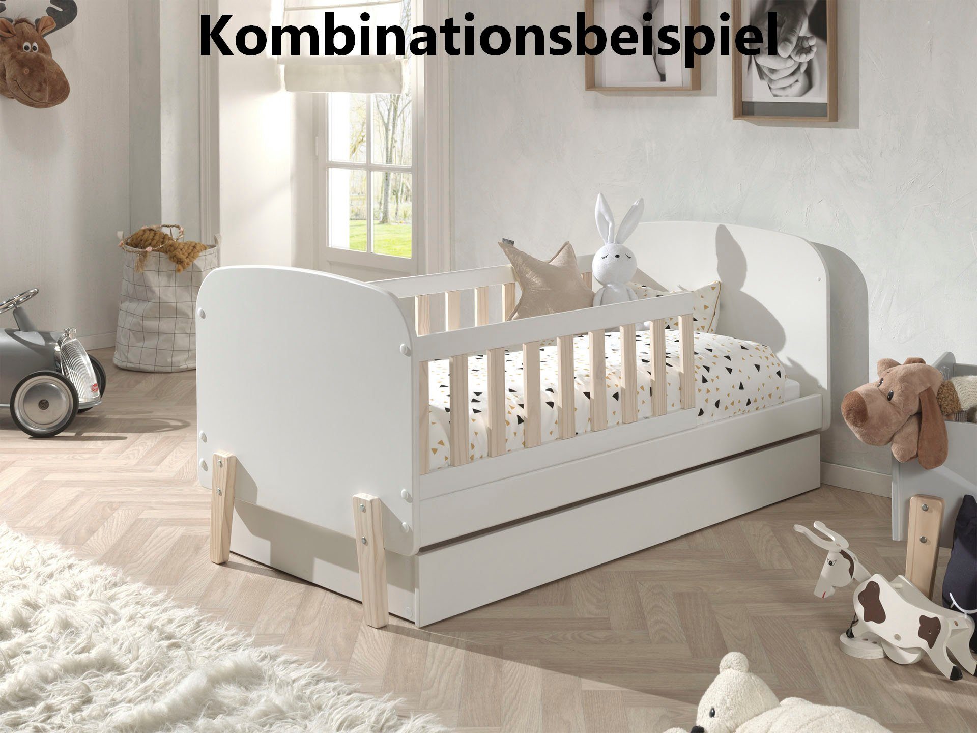 Vipack Kinderbett Kiddy, inkl. Rolllattenrost, niedrige Einstiegshöhe, stabil gebaut (B/H/T ca. 147x68x77cm, MDF weiß lackiert, Füße und Sprossen Kiefer), wahlweise mit oder ohne Bettschublade als Stauraum